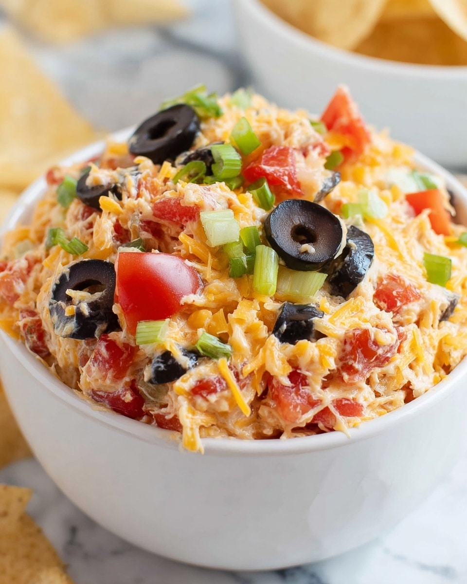 A white round bowl is filled with a layered dip showing a bottom layer of chopped tomatoes mixed with small green celery pieces, topped with a layer of shredded yellow and white cheese, and dotted with black olive slices. A woman's hand is holding a beige chip topped with the same mix of tomatoes, cheese, celery, and olives close to the camera. The bowl sits on a white marbled surface, and in the background, another white bowl filled with chips is slightly blurred. photo taken with an iphone --ar 4:5 --v 7