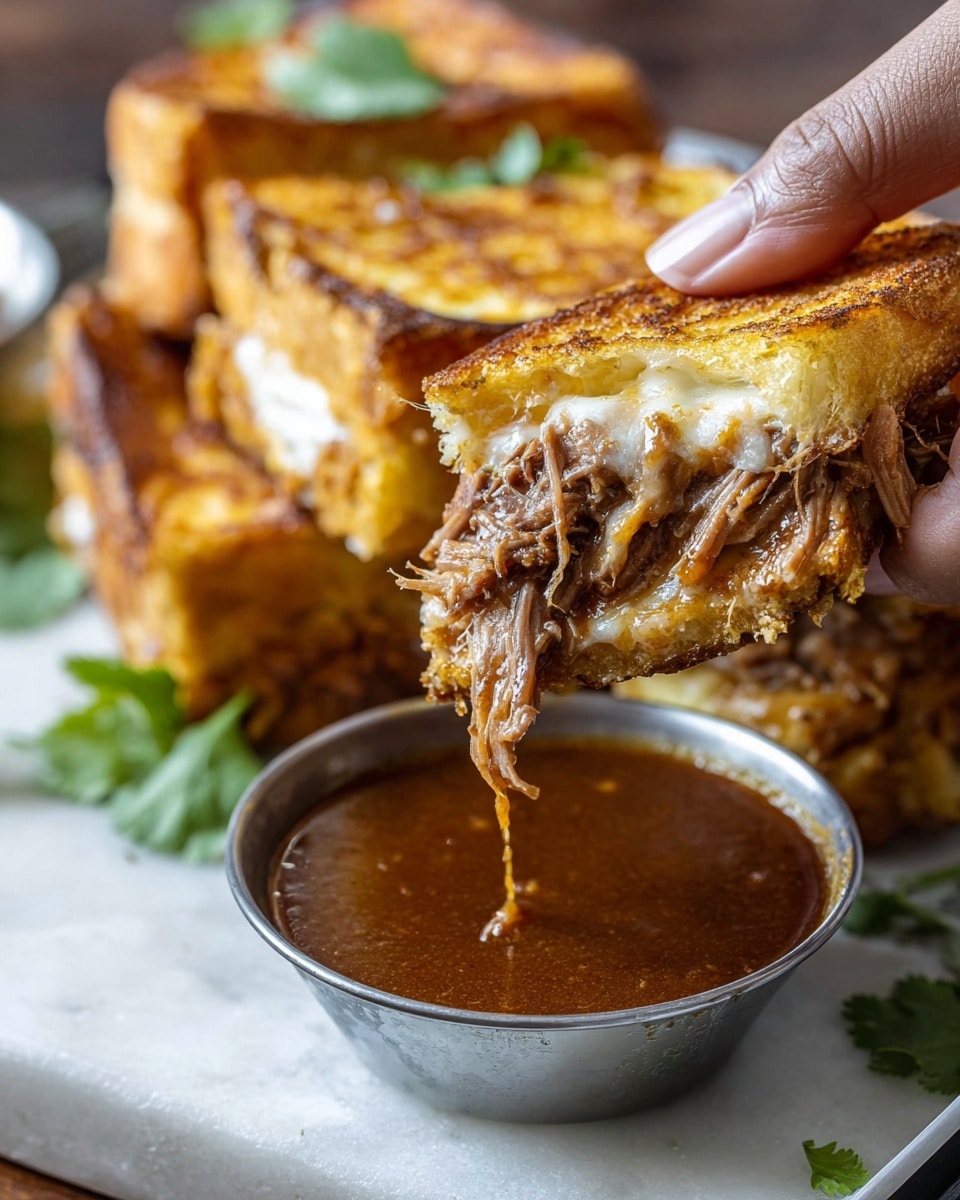 The image shows several grilled sandwiches with a golden-brown, crispy crust stacked closely together. Each sandwich is cut diagonally, revealing a filling layered with shredded dark brown meat and melted cheese inside light toasted white bread. Small green herbs are sprinkled on top, adding a fresh touch. In the foreground, there is a white bowl filled with a dark brown dipping sauce placed near the sandwiches. The whole setup sits on a tray with a white marbled texture background. Photo taken with an iphone --ar 4:5 --v 7