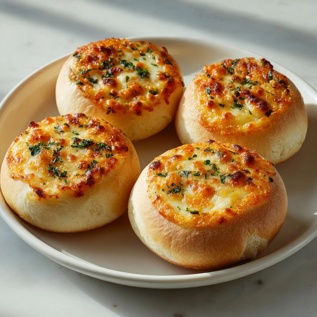A close-up view of a white plate holding eight small, round bread rolls with a golden-brown baked crust, each topped with a mix of melted cheese, small pieces of corn, and bits of green herbs. The bread appears soft with a slight shine on the surface, and the toppings create a colorful texture contrast with yellow corn kernels, white melted cheese, and green flecks. The plate sits on a white marbled surface, and the warm lighting highlights the bread rolls’ appetizing, crispy tops. photo taken with an iphone --ar 4:5 --v 7