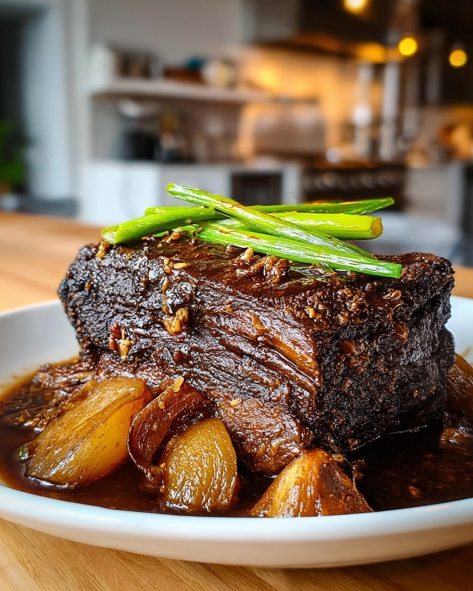 A large piece of dark brown, glazed braised meat sits in the center of a shallow white plate, covered in a shiny, rich sauce with visible texture from slow cooking; under the meat, two bones protrude slightly, resting in the sauce, while around the meat, several golden-brown cooked onion chunks add a glossy contrast. On top of the meat, three bright green scallions lie diagonally, adding a fresh pop of color. The white plate holds the dish on a white marbled surface, with a softly blurred kitchen background. photo taken with an iphone --ar 4:5 --v 7