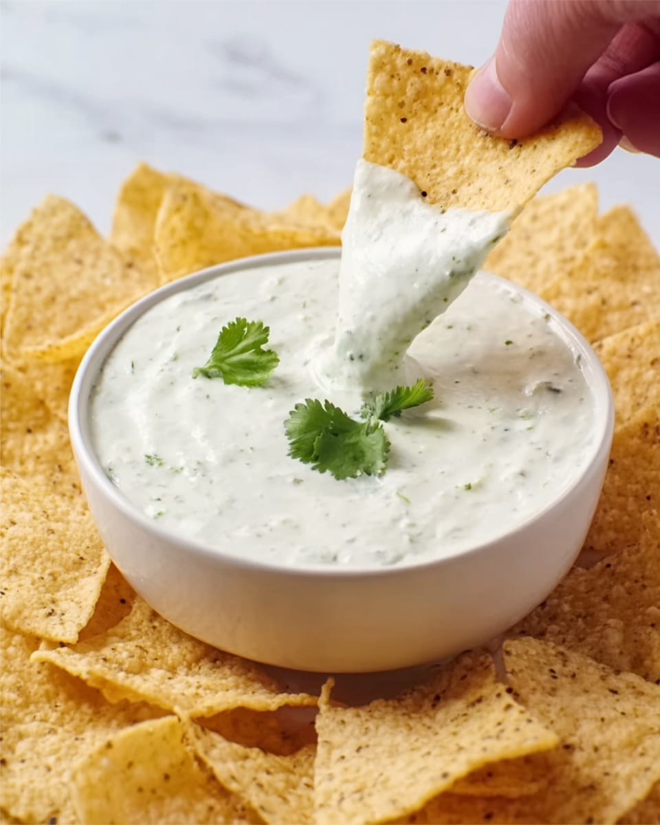 A white bowl filled with a creamy, smooth, white dip with tiny green specks, and three small green cilantro leaves placed in the center on top. The bowl is surrounded by many light yellow tortilla chips with visible specks of seasoning, arranged in the background. A woman's hand is dipping one of the triangular tortilla chips into the dip, partially covered with the creamy mixture. The scene is set on a white marbled surface. photo taken with an iphone --ar 4:5 --v 7