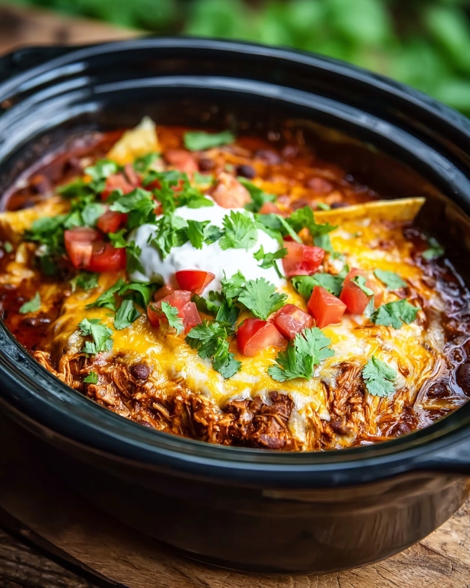 A close-up of a black slow cooker filled with a layered dish that has a base of cooked, folded tortillas soaked in rich red sauce, followed by a melted yellow and white cheese layer mixed with black beans and shredded chicken, topped with fresh green cilantro leaves, small diced red tomatoes, and a dollop of white sour cream in the center, all showing a mix of soft and slightly crispy textures on a wooden surface replaced with a white marbled texture photo taken with an iphone --ar 4:5 --v 7