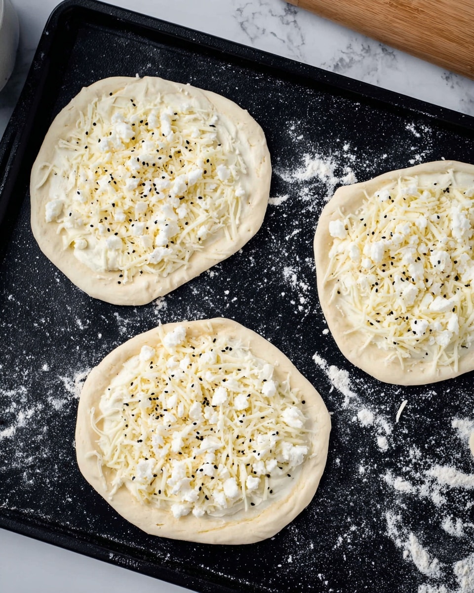 Three small, round pizza dough bases lie on a black baking tray sprinkled with white flour. Each dough base is topped with a generous layer of shredded white cheese and small white cheese crumbles, with a light sprinkling of tiny black seeds on top. The dough edges are soft and pale, with some slightly uneven shapes. The baking tray rests on a white marbled surface, with a wooden rolling pin partly visible in the top right corner. Photo taken with an iphone --ar 4:5 --v 7