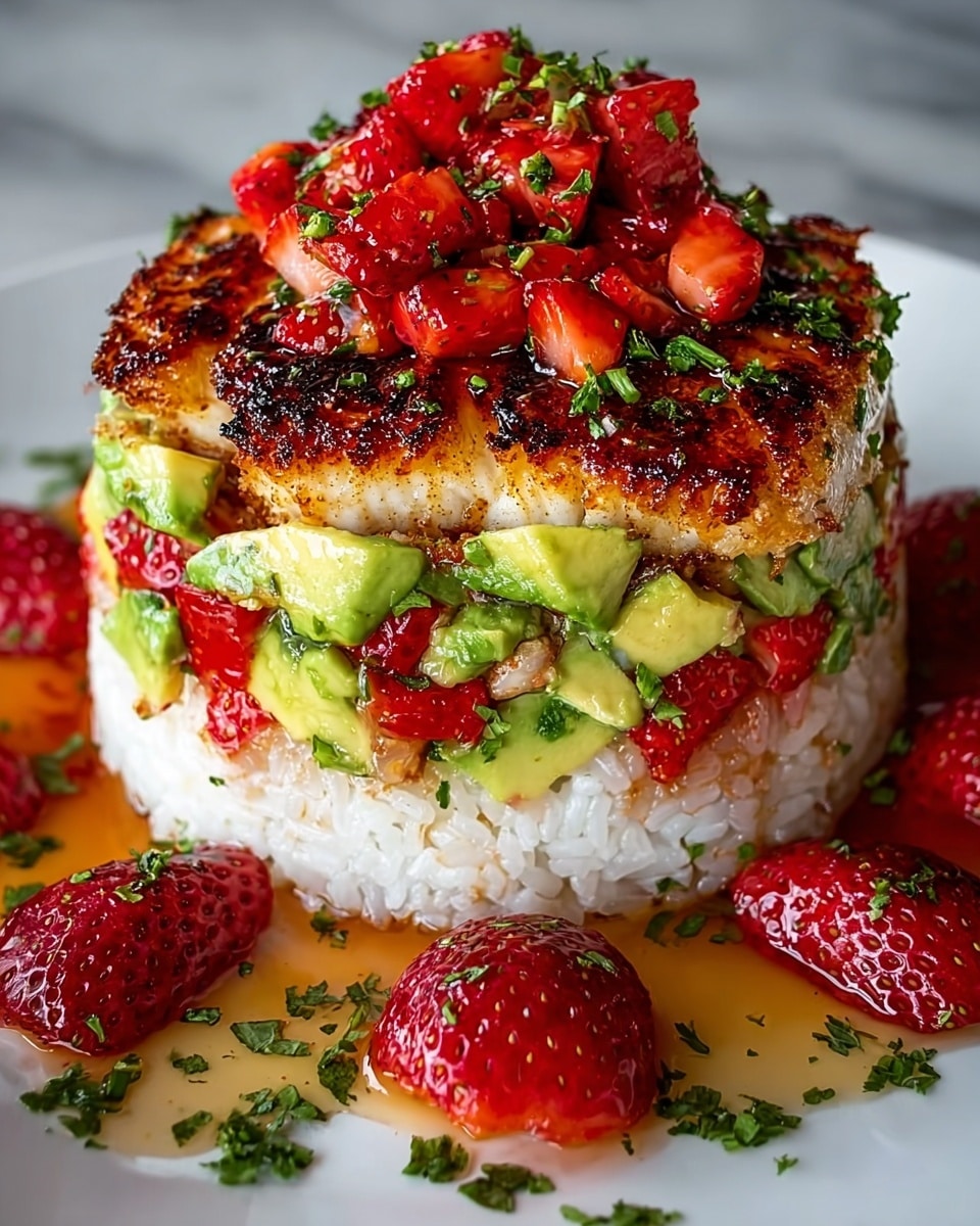 The dish is a colorful stack of three main layers on a white plate with a few strawberry slices and green herb bits scattered around. The bottom layer is a compact mound of white rice with a slightly sticky texture and some green herbs mixed in. Above it, there is a layer of chunky green avocado pieces mixed with small red strawberry pieces, visible around the edges. The top layer consists of golden-brown, crispy-seared fish fillets, slightly charred with a crunchy texture. The whole stack is crowned with a handful of bright red, glossy strawberry halves and slices, garnished with finely chopped green herbs. The plate sits on a white marbled surface. photo taken with an iphone --ar 4:5 --v 7