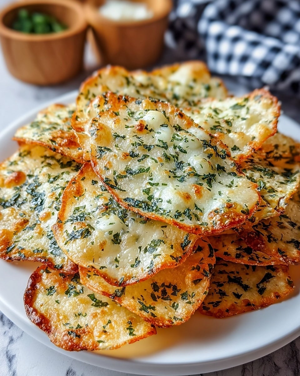 A white round plate holds a stack of crispy, thin, round chips. Each chip has a golden-brown edge with melted white cheese covering most of its surface. Scattered throughout the cheese are small green herb pieces, some darker and some lighter, creating a speckled pattern. The chips overlap each other in a slightly messy pile, showing different parts of the melted cheese and herbs. The overall look is crunchy and flavorful, with the white marbled texture as the background. Photo taken with an iphone --ar 4:5 --v 7