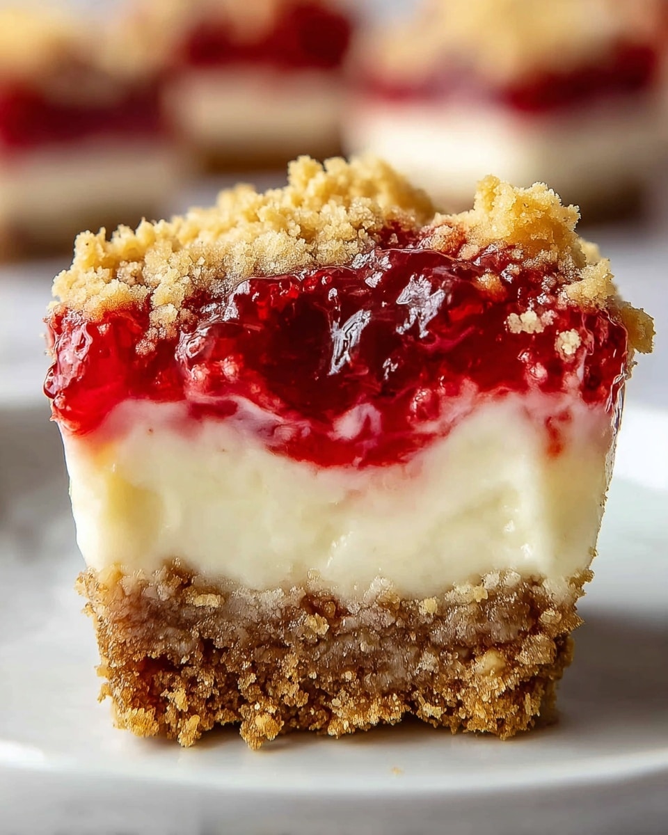 Two small cheesecake cups stacked on top of each other on a white marbled surface. Each cup has four visible layers: a crumbly light brown crust at the bottom, a smooth creamy white cheesecake layer above it, a bright red strawberry jam layer with a shiny and slightly translucent texture, and a crumbly golden streusel topping. The top cheesecake cup has a bite taken out, showing the textures and layers clearly. Photo taken with an iphone --ar 4:5 --v 7