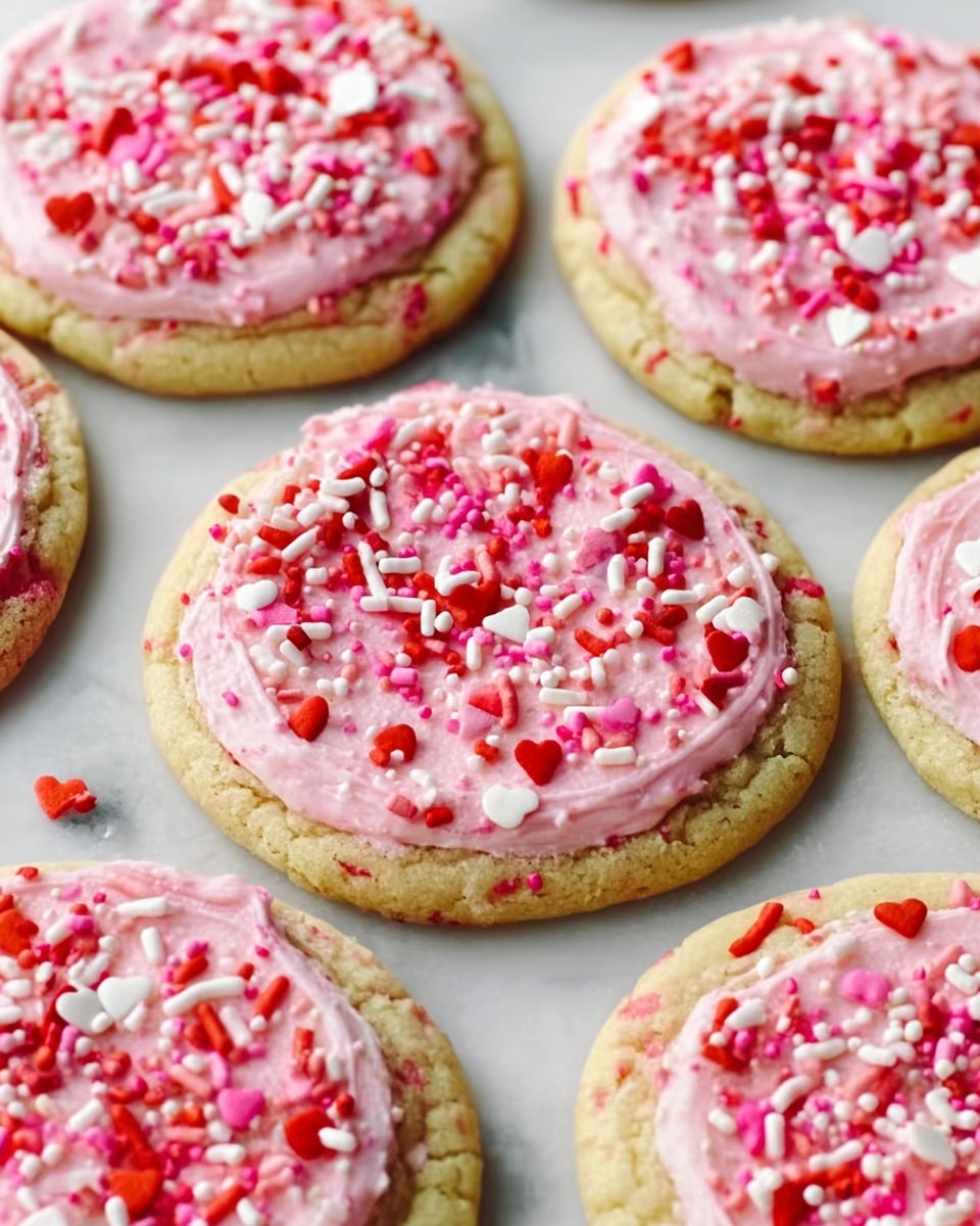 The image shows several round sugar cookies on a white marbled surface, each topped with a smooth layer of light pink frosting. On top of the frosting are colorful sprinkles in shades of red, pink, and white, scattered evenly over each cookie. The cookies have a golden-brown color with a slightly rough texture visible around the edges. The composition is close-up, capturing the texture and color contrast between the cookie, frosting, and sprinkles. photo taken with an iphone --ar 4:5 --v 7