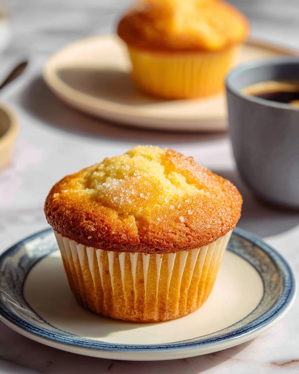 A close-up of a single golden brown muffin with a slightly cracked top and a sprinkle of sugar crystals, sitting on a white plate with a blue rim. The muffin’s paper liner is light beige, showing the soft texture inside. In the soft-focus background, there is another muffin on a similar white plate and a small cup of coffee in a gray mug. The setting is on a white marbled surface with natural lighting giving the muffin a warm, inviting look. Photo taken with an iphone --ar 4:5 --v 7