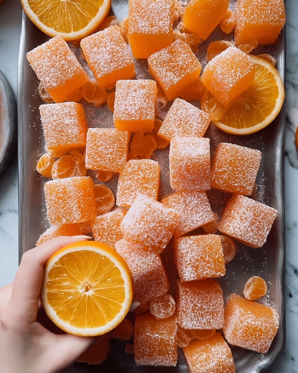 A silver tray filled with many soft, square-shaped orange jelly cubes covered lightly in white sugar powder, placed over a white marbled surface. Scattered among the jelly cubes are several bright orange halved oranges showing their juicy segments. A woman's hand is gently holding one of the halved oranges in the lower left corner of the image. The overall look is fresh and vibrant with the contrast of the sugar powder and the glossy orange fruit. Photo taken with an iphone --ar 4:5 --v 7