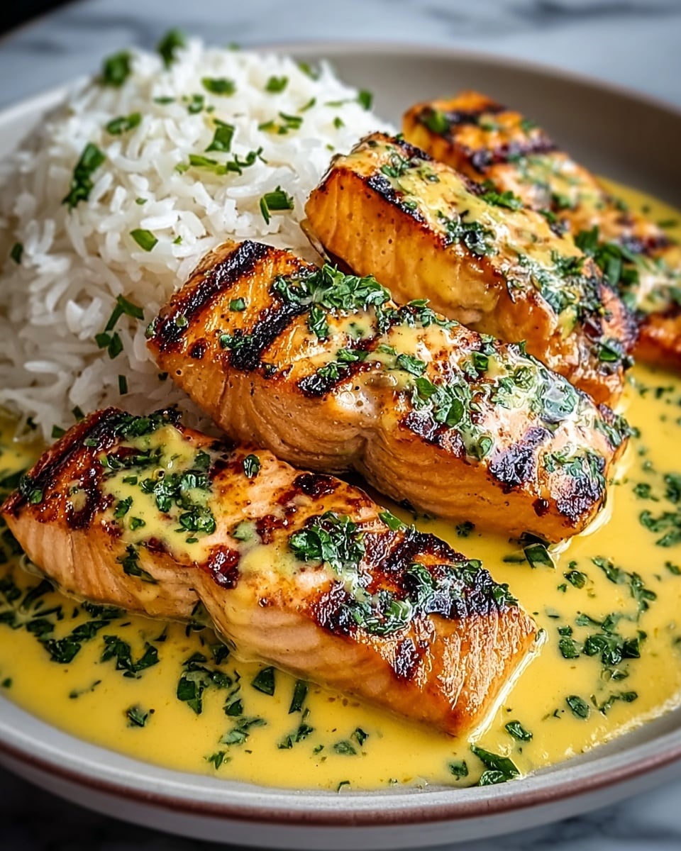 The image shows a dish with three grilled salmon fillets stacked slightly on each other, each having a golden-brown color with a crispy texture. The salmon is covered with a thick, creamy yellow sauce speckled with green herb pieces, likely cilantro, spread evenly on top and around the fillets. On the left side, there is a layer of fluffy white rice with distinct grains. The salmon and rice rest on a white plate with a subtle texture and the entire scene is set against a white marbled textured surface. photo taken with an iphone --ar 4:5 --v 7