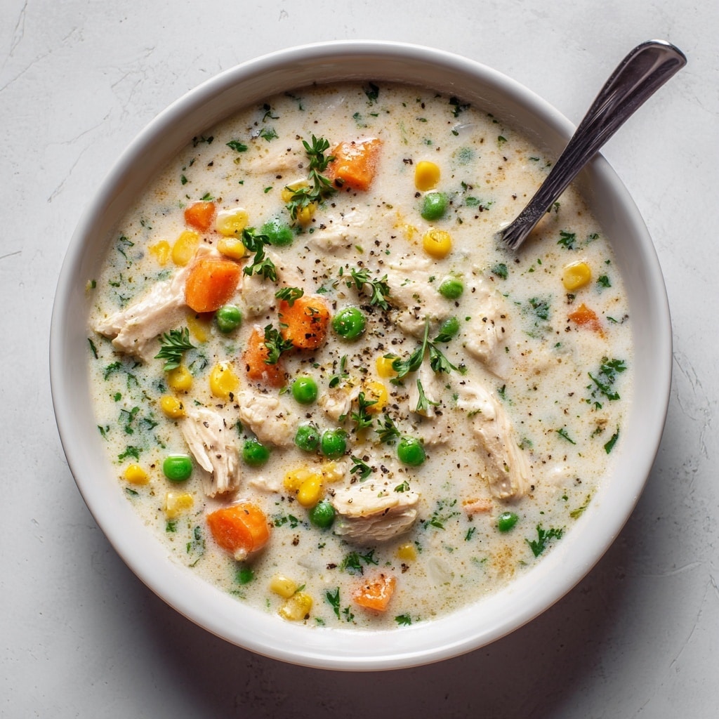 The image shows a white bowl filled with creamy chicken soup on a white marbled surface. The soup has a thick white broth as its base, mixed with chunks of orange carrots, bright green peas, yellow corn, and tender white chicken pieces. Small bits of fresh green herbs and black pepper are scattered on top, adding color contrast and texture. A silver spoon is placed inside the bowl on the right side, partially submerged in the soup. Some parsley leaves are seen around the bowl on the surface. photo taken with an iphone --ar 4:5 --v 7