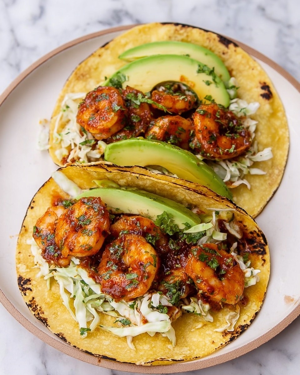Two shrimp tacos are placed side by side on a white plate over a white marbled texture. Each taco has three layers of yellow corn tortillas slightly charred at the edges, folded to hold the fillings. The bottom layer inside the tortillas is shredded white cabbage mixed with a light sauce, topped with grilled shrimp that are orange with some dark grill marks and sprinkled with chopped green herbs. On top of the shrimp, there are thin slices of fresh green avocado arranged in a fan shape. The colors are warm and fresh, with the contrast of orange shrimp, green avocado, and pale cabbage visible through the textured tortillas. photo taken with an iphone --ar 4:5 --v 7