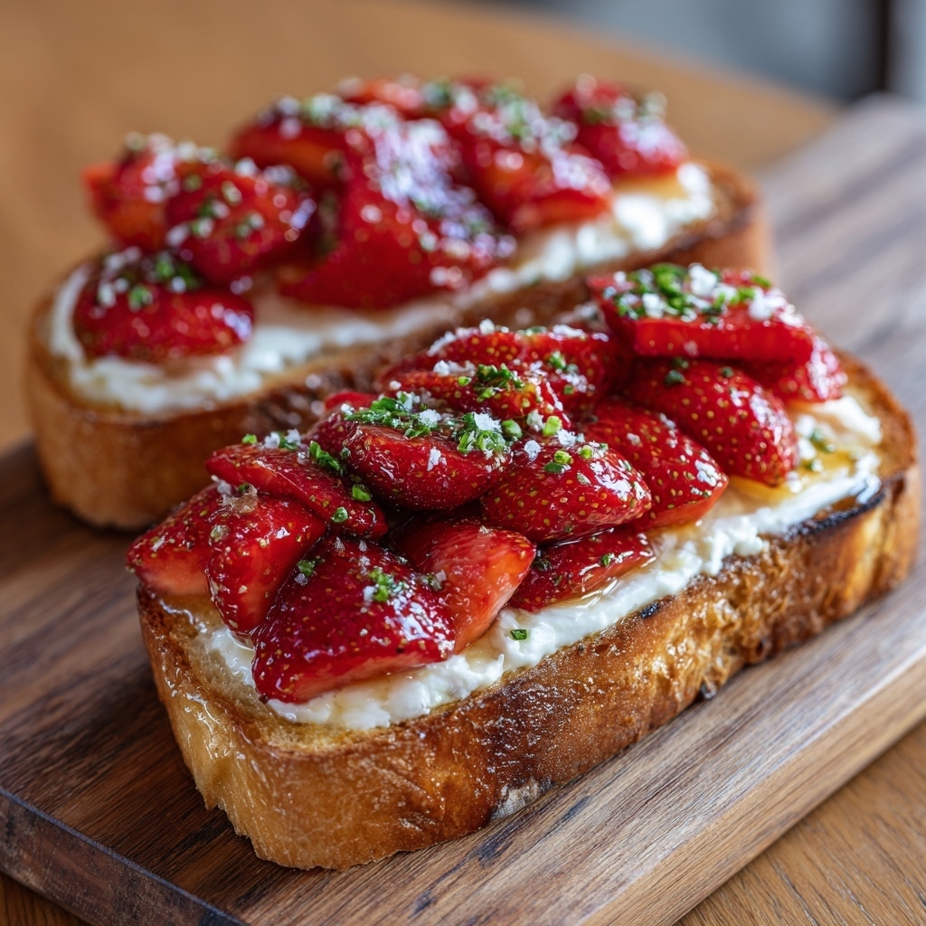 Two pieces of toasted bread with a golden-brown crust sit on a wooden board over a white marbled texture. Each slice has a thick layer of white cream cheese spread evenly on top. On the cream cheese, there are many bright red strawberry slices arranged closely together, creating a shiny, juicy layer. Small green herb pieces are sprinkled over the strawberries, adding color contrast. The lighting makes the strawberries look fresh and glossy. Photo taken with an iphone --ar 4:5 --v 7
