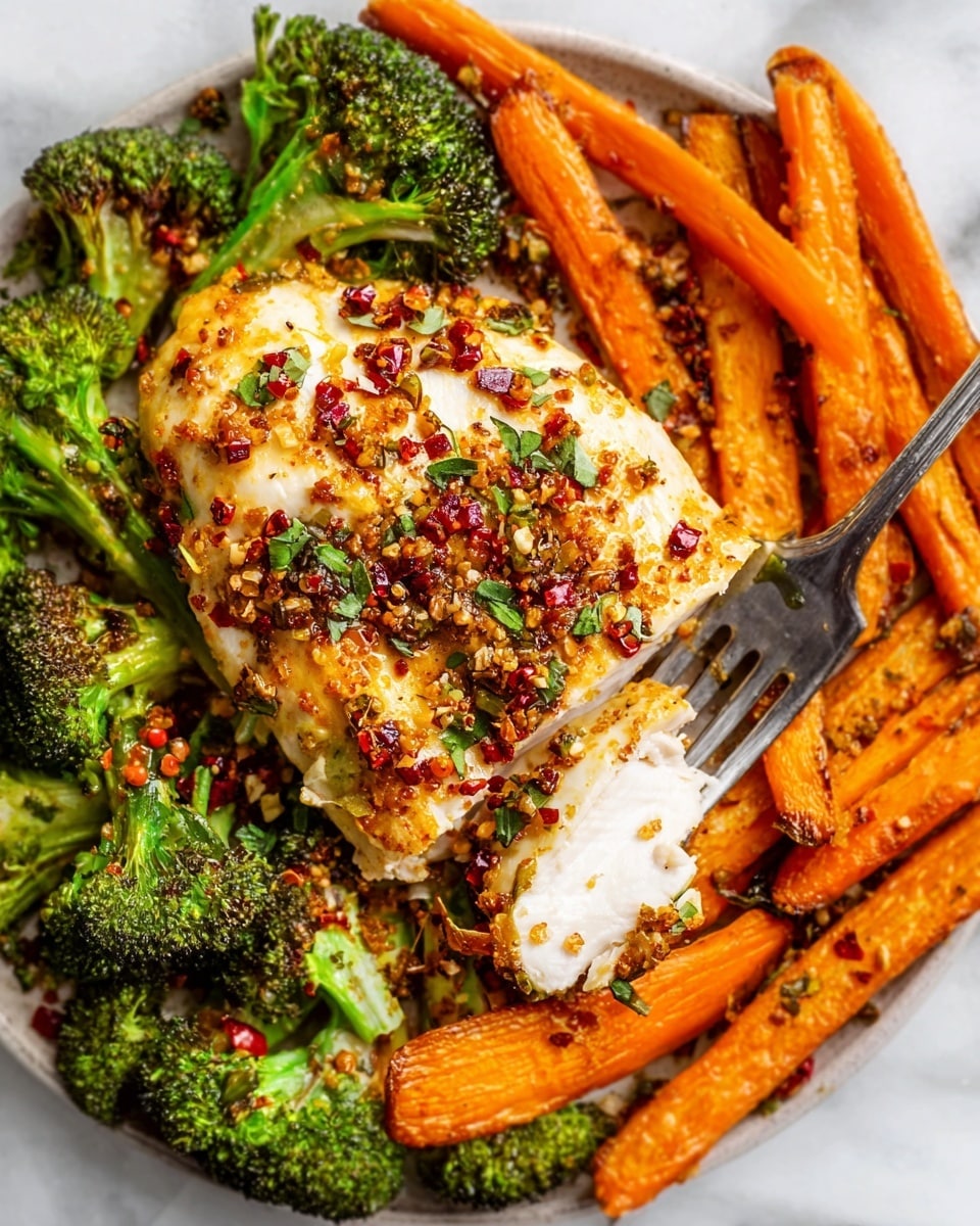 The image shows a close-up of a cooked chicken breast topped with a mix of herbs and red pepper flakes, giving it a textured and slightly rough surface. Surrounding the chicken are long, thick carrot sticks roasted to a vibrant orange color with some browned edges, and small, bright green broccoli florets scattered around. In the lower right corner, there is a fork piercing a piece of chicken, revealing the juicy, white inside. The food sits on a white marbled background that highlights the warm colors of the dish. Photo taken with an iphone --ar 4:5 --v 7