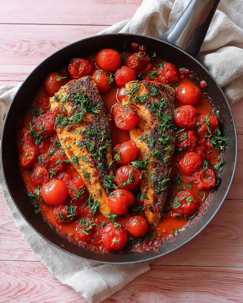 A black cast iron skillet contains two grilled golden-brown fish fillets placed side by side, each topped with fresh green dill sprigs. Surrounding the fillets are many shiny, bright red cherry tomatoes and a chunky red tomato sauce with visible pieces of cooked tomato and herbs, creating a vibrant and colorful base around the fish. The skillet rests on a soft beige cloth on top of a white marbled surface, adding a clean and simple look to the setting. photo taken with an iphone --ar 4:5 --v 7