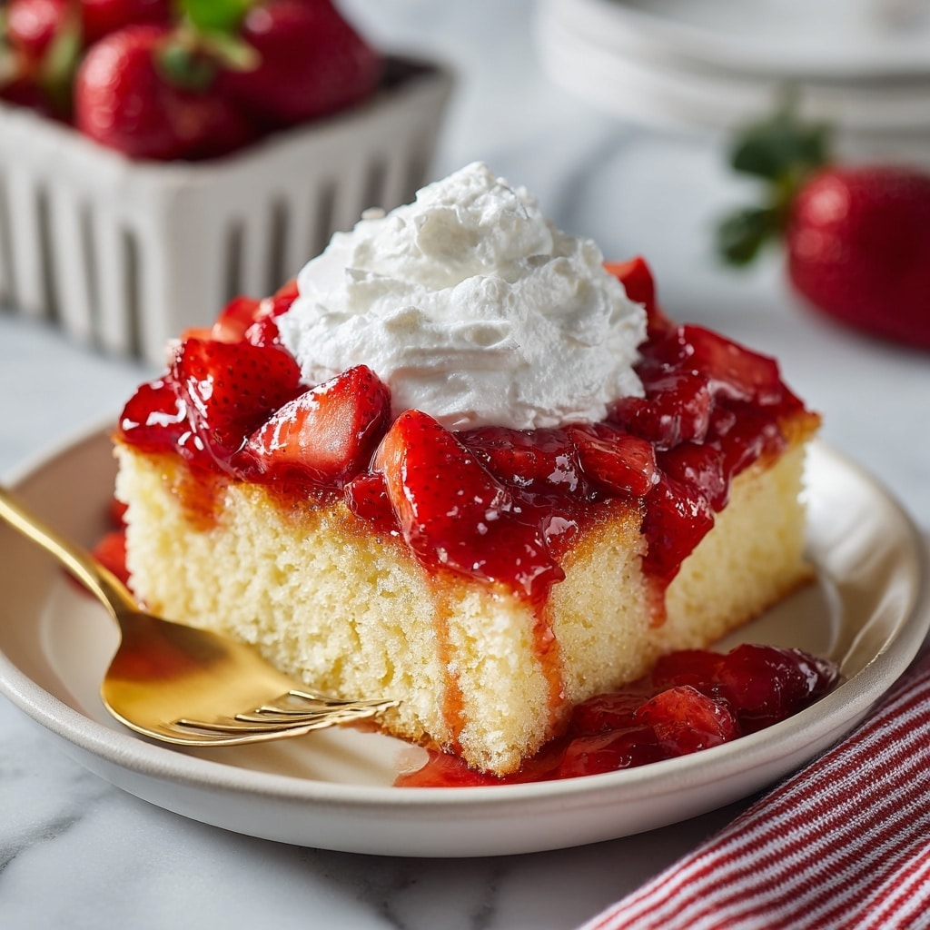 A white plate holds a slice of light golden sponge cake as the base layer, topped with a glossy, bright red strawberry sauce containing whole strawberry pieces that glisten under the light. On top of the strawberry layer is a fluffy, white dollop of whipped cream with soft peaks. Next to the plate, there is a gold spoon resting partially on the plate's edge. The setting features a white marbled surface with a blurred background showing a white container filled with strawberries, and a red-and-white striped cloth partially visible at the bottom right. Photo taken with an iphone --ar 4:5 --v 7