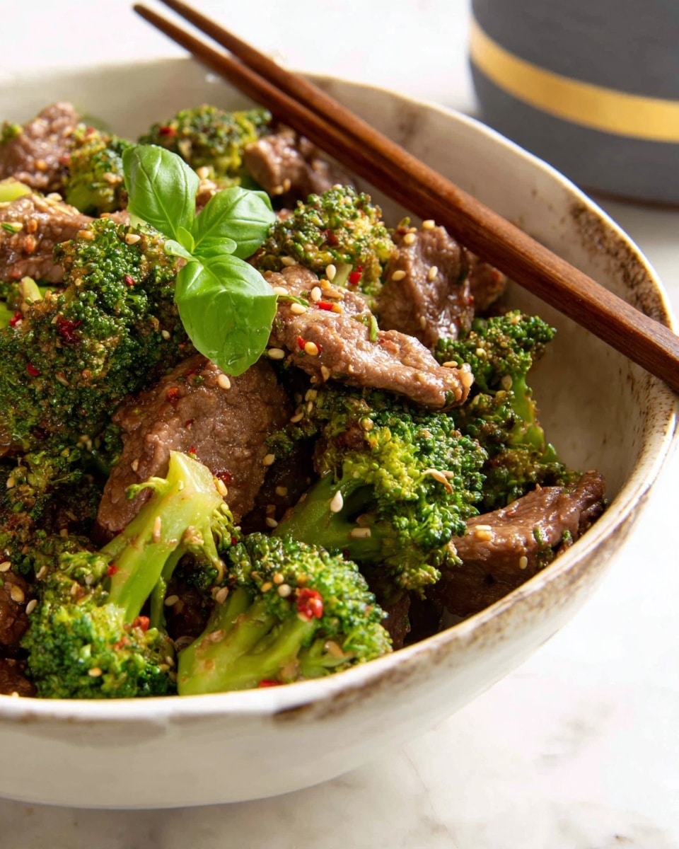 A close-up view of a white ceramic bowl filled with cooked beef strips and bright green broccoli florets, topped with toasted sesame seeds and small red chili flakes for texture and color. The beef pieces appear tender and juicy with slightly browned edges, while the broccoli has a vibrant, fresh look with a bit of char. A small green basil leaf sits on top as a garnish. Resting on the rim of the bowl are a pair of brown wooden chopsticks. The bowl is set on a white marbled surface and in the background, there is a blurred dark gray object with a gold stripe. Photo taken with an iphone --ar 4:5 --v 7