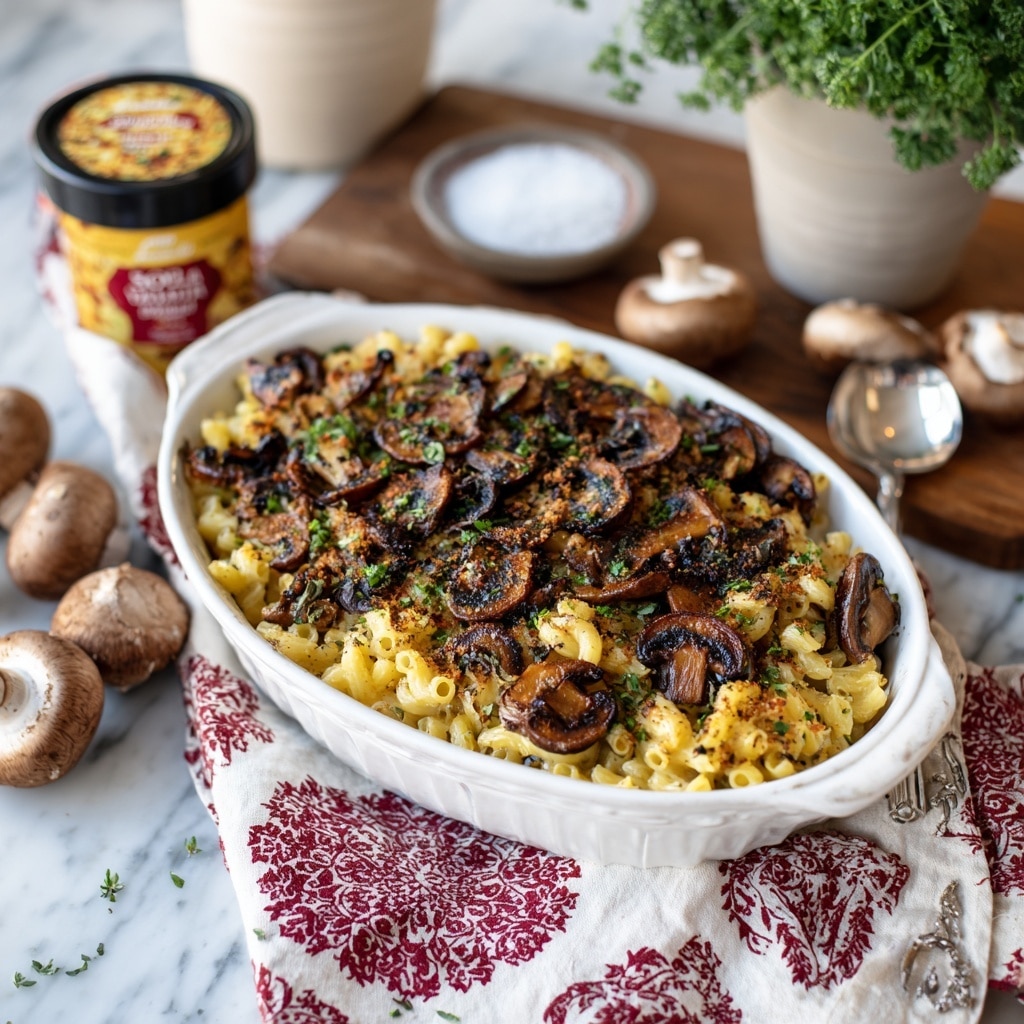 A white oval dish filled with baked macaroni and cheese, showing three main layers: a bottom layer of soft golden pasta, a middle layer of melted cheese coating the pasta with a smooth, creamy texture, and a top layer with browned melted cheese and sliced cooked mushrooms, sprinkled with fresh green herb leaves. The dish sits on a white marbled surface with a red and white cloth underneath and is surrounded by whole mushrooms, a small white bowl of coarse salt, a silver spoon, and a leafy green plant in a terracotta pot on a wooden cutting board. A frozen pasta container with a picture of plain macaroni and cheese is placed in the upper left corner. photo taken with an iphone --ar 4:5 --v 7