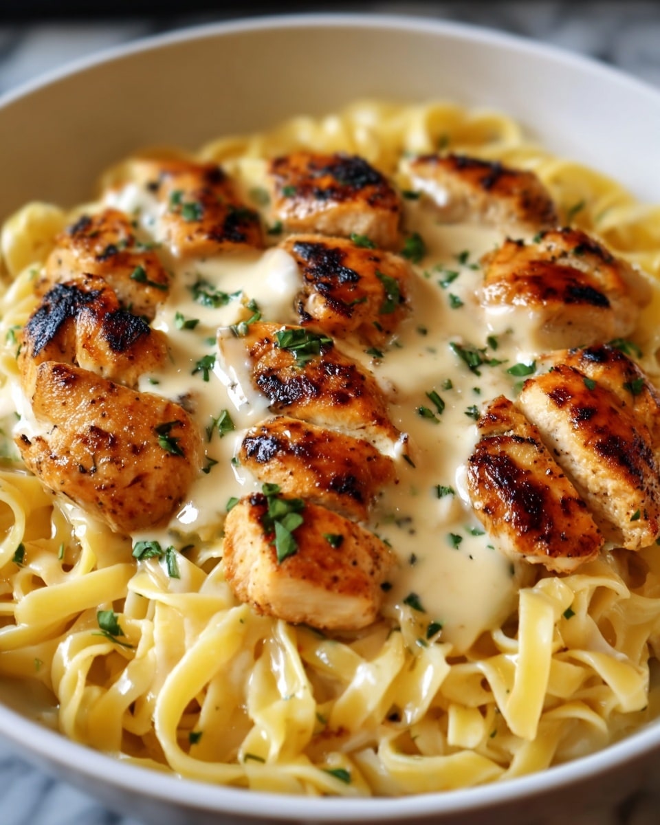 The image shows a white bowl filled with creamy fettuccine pasta layered at the bottom with a smooth yellow sauce covering the noodles. On top, there are five pieces of grilled chicken breast, golden brown with light char marks, placed in a neat row across the pasta. Small green herb bits are sprinkled over the chicken and sauce, adding a fresh touch. The bowl is set on a white marbled surface. Photo taken with an iphone --ar 4:5 --v 7