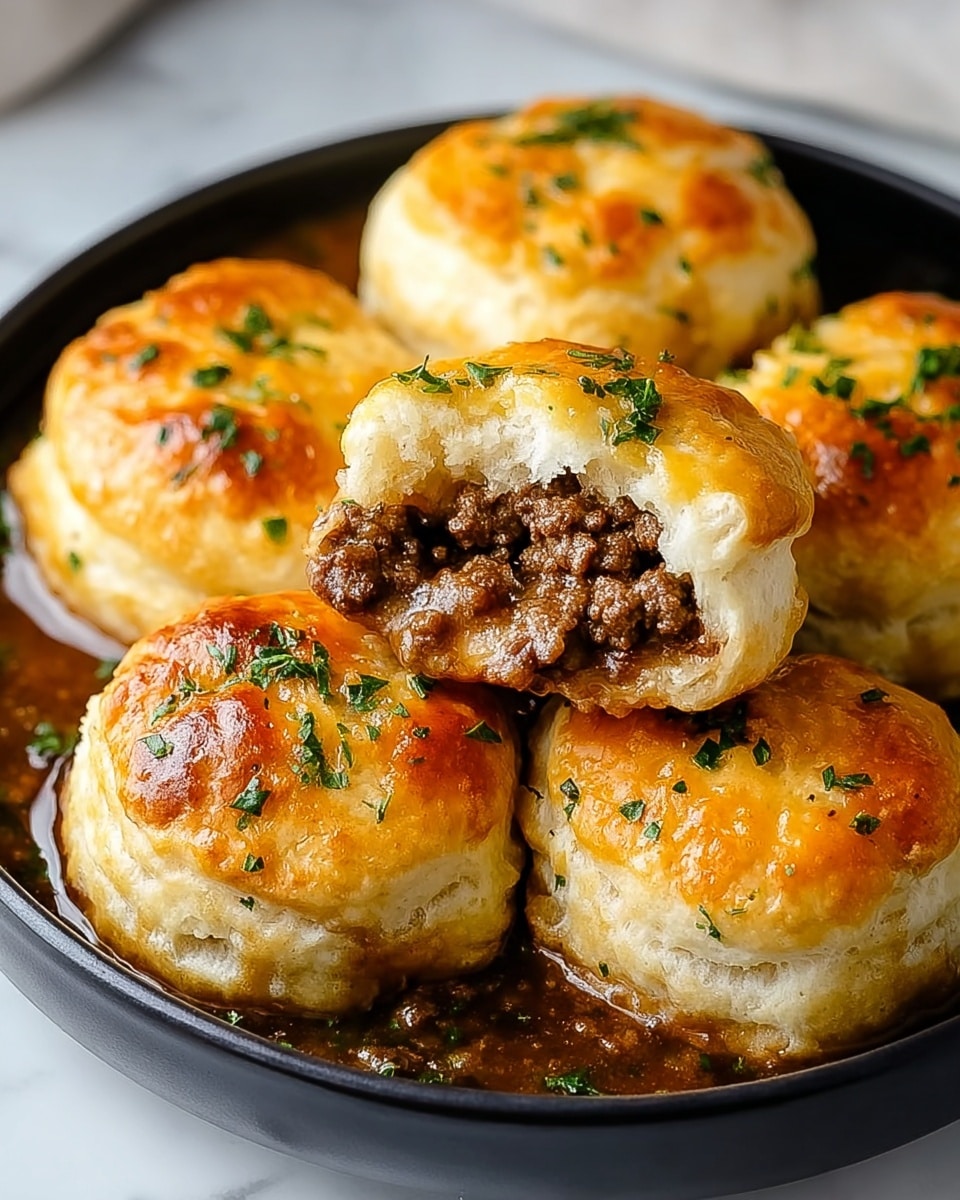 The image shows a black bowl filled with seven golden-brown baked biscuits on a white marbled surface. Each biscuit has a shiny, slightly crispy top sprinkled with green herbs. Two biscuits in the front are broken open, revealing a juicy brown ground beef filling inside. The biscuits are soft and fluffy with a light, flaky texture. The beef mixture looks moist and rich, with some of it spilling out onto the sauce beneath the biscuits, which is a dark brown gravy. photo taken with an iphone --ar 4:5 --v 7