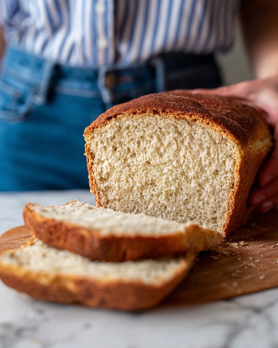 A close-up image shows a loaf of bread with a golden-brown crust and a light, soft, and porous inside texture. The loaf is partially sliced with two cut pieces lying flat in front of it, showing the same light beige interior with tiny specks and a spongy crumb texture. A woman's hand is gently holding the loaf from the back, and the background features a person wearing a blue and white striped shirt and blue jeans. The bread rests on a wooden surface with a clean, white marbled texture behind it. photo taken with an iphone --ar 4:5 --v 7