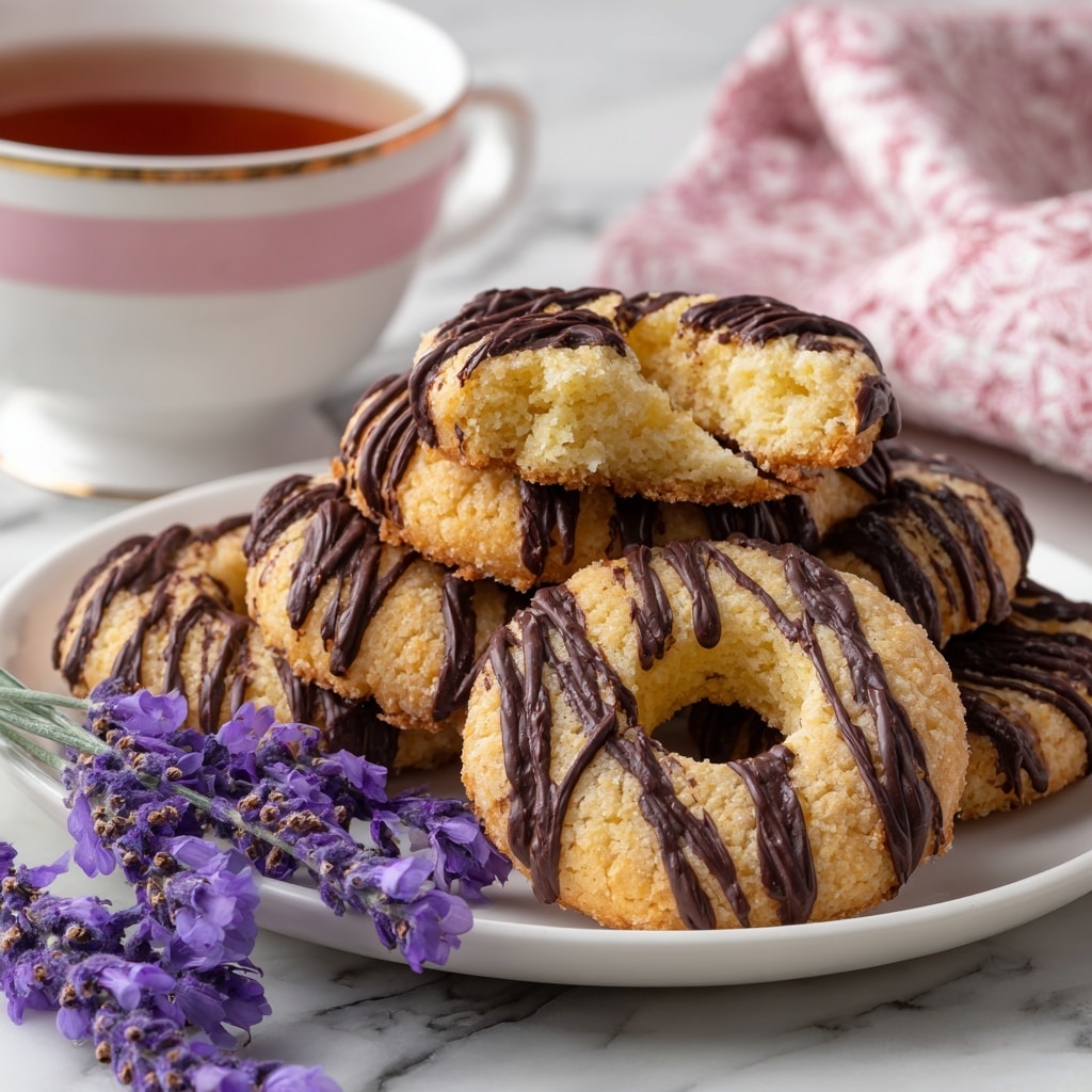 A white plate holds several round cookies with a hole in the center, each cookie golden brown with dark chocolate drizzled on top in irregular stripes. One cookie sits on top, broken in half to show a soft, crumbly light yellow inside with a coating of chocolate on the outside edge. Purple lavender flowers lie on the plate in front of the cookies. In the background, there is a white bowl with pink stripes holding tea, and a pink patterned cloth is partly visible. All items are placed on a white marbled surface. photo taken with an iphone --ar 4:5 --v 7