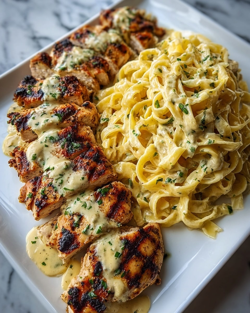 The dish is served on a white square plate with two main parts. On the left, there are five pieces of grilled chicken breast, each with visible dark grill marks and a golden-brown color, covered with a creamy light beige sauce sprinkled with chopped green herbs. On the right, a generous pile of creamy fettuccine pasta sits, coated in a smooth pale yellow sauce with small green herb pieces mixed in, showing slight curls and twists of the noodles. The sauce from the chicken slightly spreads under the pieces, blending softly into the plate. The background is a white marbled texture. photo taken with an iphone --ar 4:5 --v 7