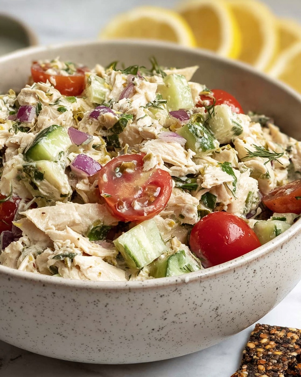 A close-up of a woman's hand holding a dark, textured cracker speckled with seeds and nuts, topped with a creamy white dip that has small chunks of red and green vegetables; in the blurred background, a white bowl filled with the same dip dotted with pieces of red cherry tomatoes sits on a white marbled surface. photo taken with an iphone --ar 4:5 --v 7