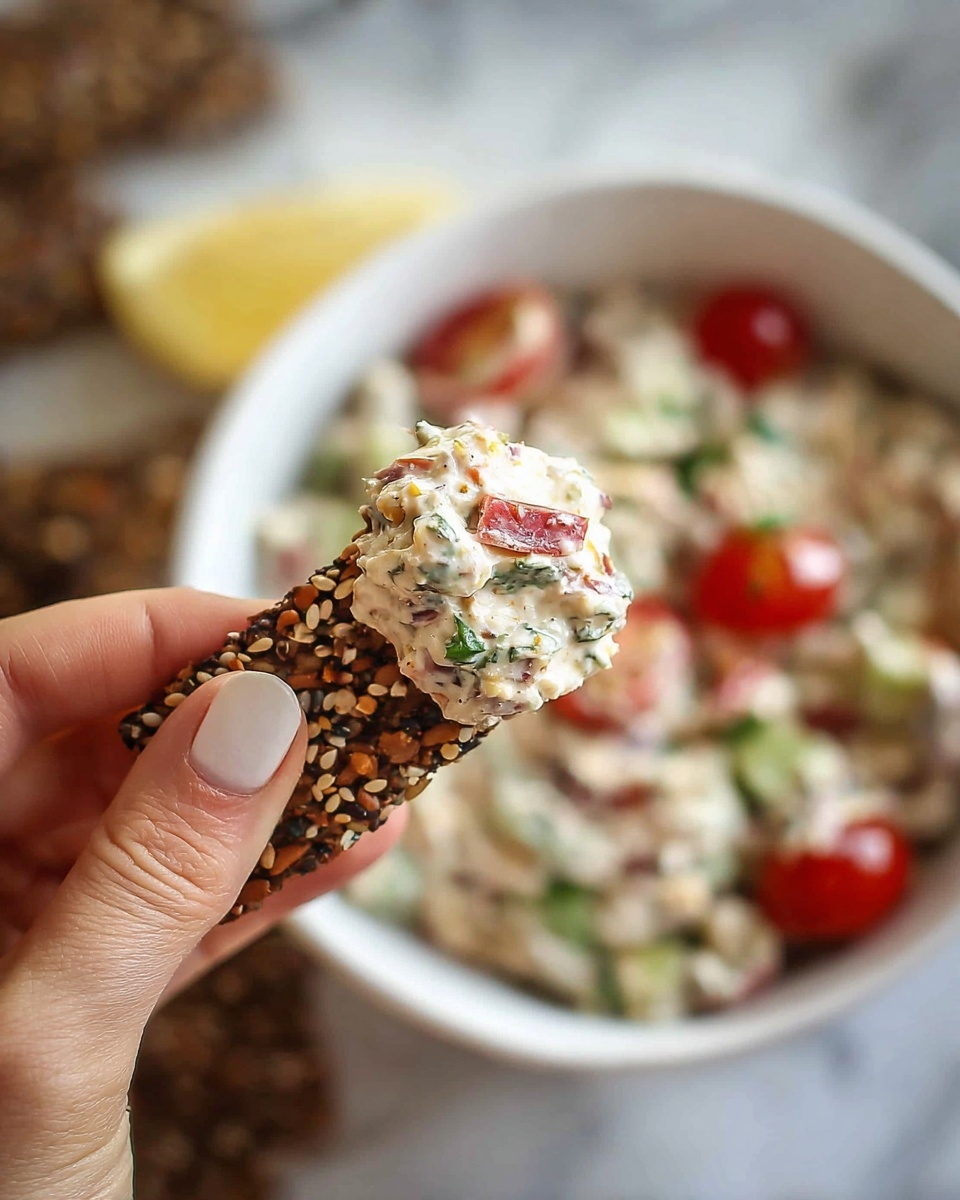 A close-up view of a light gray speckled bowl filled with a chunky salad. The salad has three main layers: pieces of pale cooked chicken, light green cucumber chunks, and halved bright red cherry tomatoes mixed evenly. There are small bits of purple onion and green herbs distributed throughout, giving texture and pops of color. The bowl is set on a white marbled surface. In the background, two lemon slices and dark brown crispy crackers are partially visible. Photo taken with an iphone --ar 4:5 --v 7