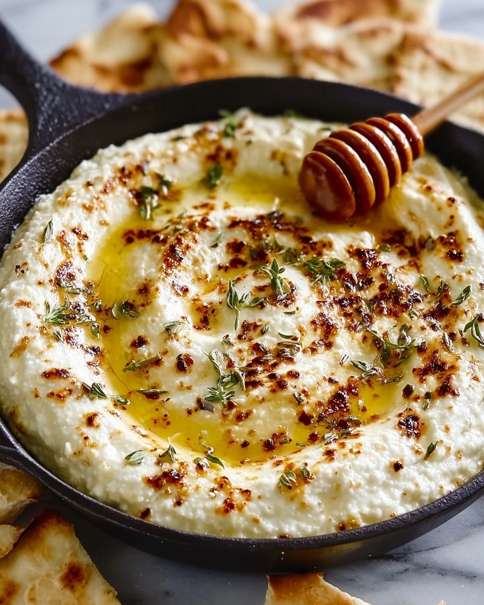 A white round dish filled with a creamy, bubbly cheese dip with a golden, slightly browned top layer speckled with red chili flakes and finely chopped green herbs. The cheese is melted and smooth, with small browned spots around the edges giving a textured look. Drizzled on top is a shiny, amber-colored honey layer that spreads unevenly across the surface, adding a glossy shine. Around the dish, there are pieces of toasted bread with a crispy, golden-brown crust. The whole setup sits on a white marbled surface with a honey dipper partially visible at the top left corner. photo taken with an iphone --ar 4:5 --v 7