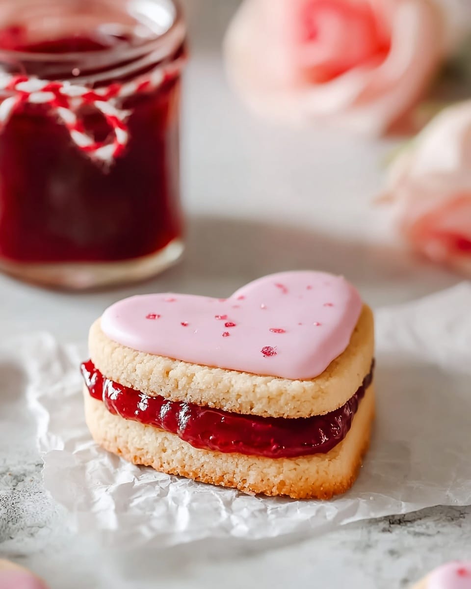 A white plate holds eight heart-shaped sandwich cookies, each with three layers: a light golden cookie bottom, a thick, bright red jam middle, and a top cookie covered in smooth pale pink icing speckled with tiny red dots. The cookies are stacked close together, some leaning against each other. The plate rests on a light beige cloth on a white marbled surface. Around the plate are soft pink roses and a glass jar filled with red jam tied with a red and white string. Photo taken with an iphone --ar 4:5 --v 7