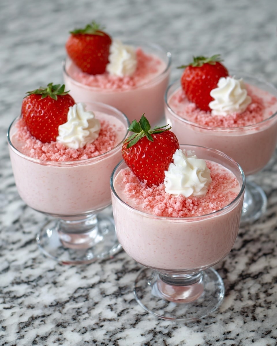 Four clear glass cups filled with a light pink creamy mousse that has a smooth and slightly speckled texture. Each cup is topped with a dollop of white whipped cream on one side, a fresh half strawberry with its green top on the other side, and pink crumb-like sprinkles scattered around the whipped cream and strawberry. The cups are set on a white marbled surface, showing their round shape and short stems clearly. photo taken with an iphone --ar 4:5 --v 7