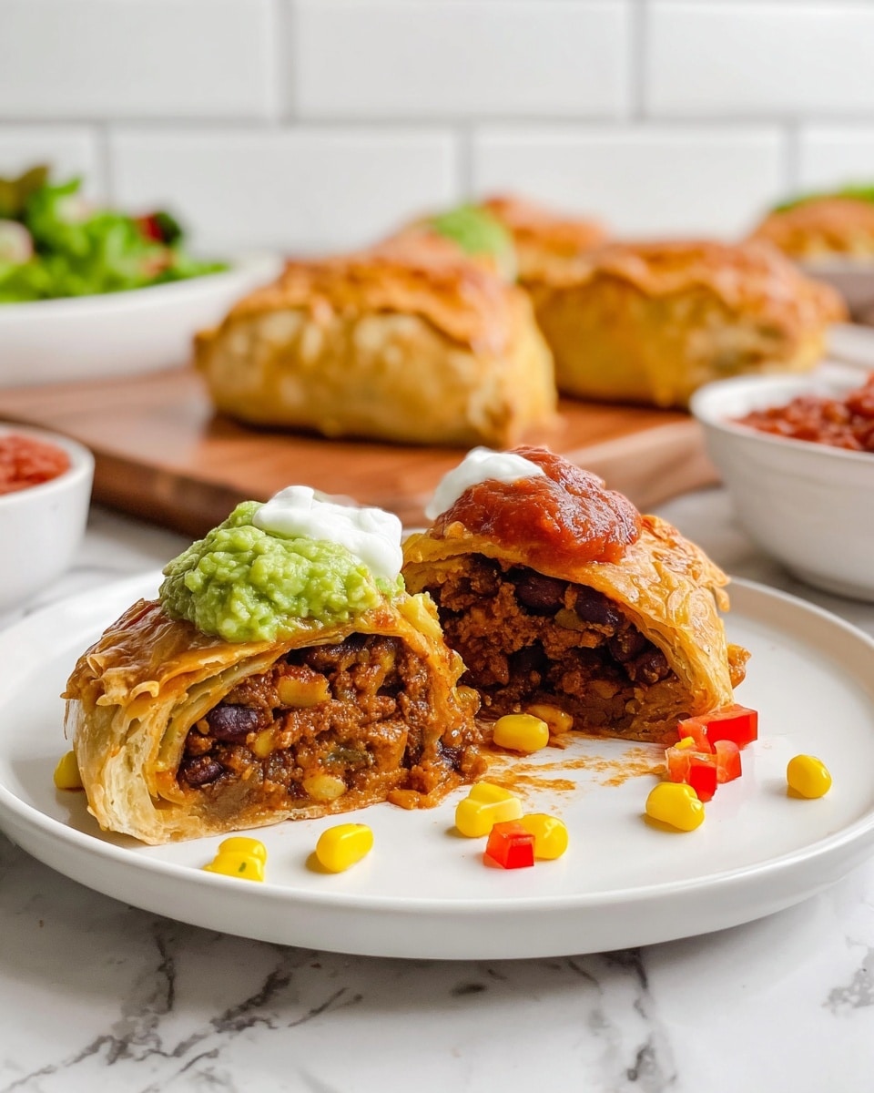 The image shows a close-up of a sliced baked pastry on a white plate, revealing a filling of cooked ground meat mixed with beans and cheese inside a golden brown crust. On top of the pastry, there are three sauces layered side by side: a green guacamole-like sauce on the left, a reddish salsa in the middle, and a small amount of white sour cream near the top. There are bright yellow corn kernels and small diced red peppers scattered around the sauces. In the background, more sliced pastries sit on a wooden board, along with a white bowl of salad and another white bowl filled with red salsa. The setting features a white marbled surface and a white subway tiled wall. photo taken with an iphone --ar 4:5 --v 7