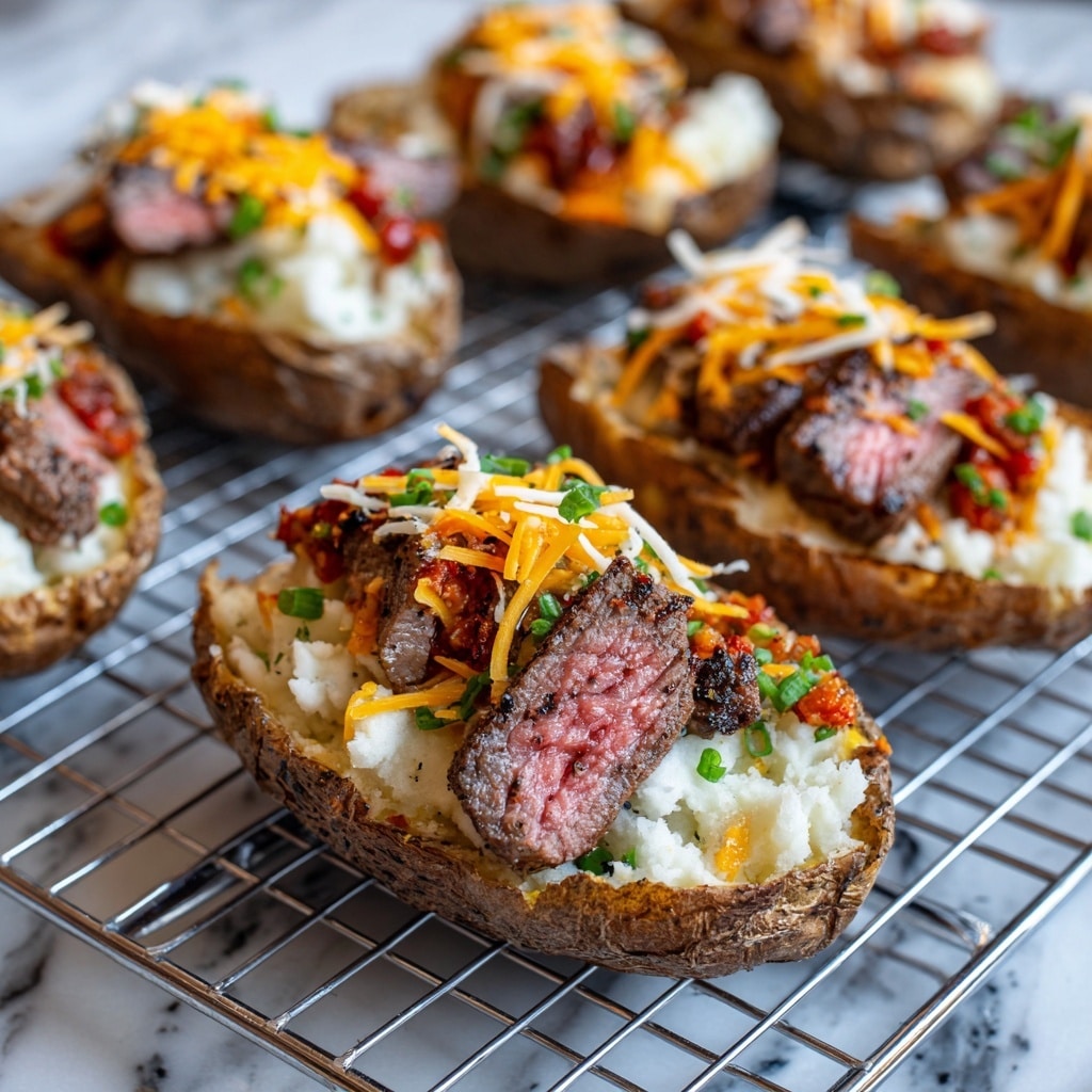 The image shows several potato skins split open and layered with different ingredients. The bottom layer is the brown potato skin with a rough texture and some white mashed potato inside. On top of the mashed potato, there are chunks of grilled steak with a pink center and a slightly charred outer edge. Scattered over the steak and mashed potato are shredded cheese in white and orange colors, adding a mix of soft and crunchy textures. All the potato skins are placed on a metal wire rack. The background has a white marbled surface. photo taken with an iphone --ar 4:5 --v 7