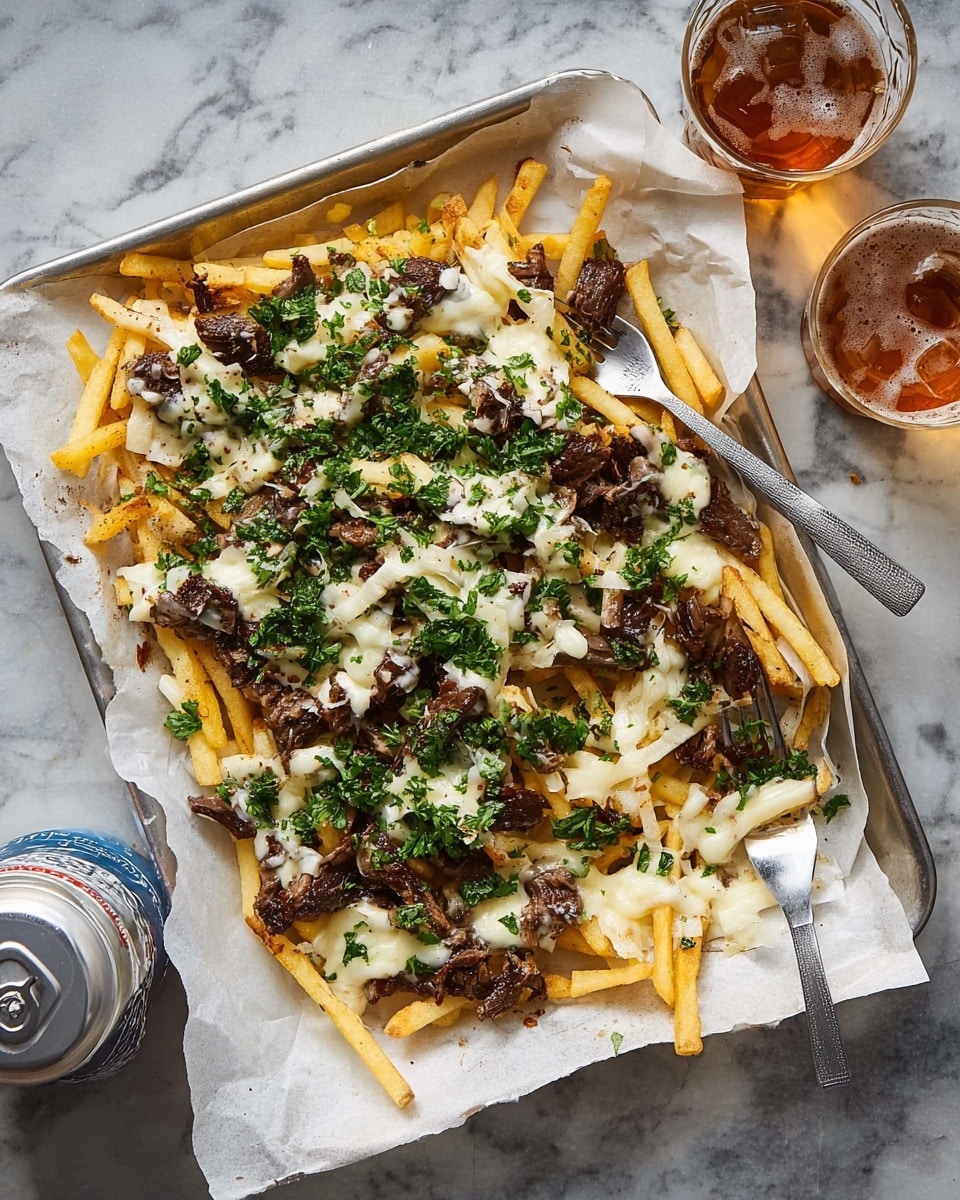 The dish is presented as one flat layer of thin golden French fries spread on white parchment paper covering a metal tray. On top of the fries, there are small chunks of dark brown grilled meat scattered evenly. Melted white cheese is drizzled all over the fries and meat, adding a creamy texture. Bright green chopped parsley is sprinkled across the entire dish, giving it a fresh, leafy look. On the right edge, a silver fork rests on the parchment paper with some fries held by the fork. The tray is set on a white marbled surface, next to two drink containers, one can and one glass. photo taken with an iphone --ar 4:5 --v 7