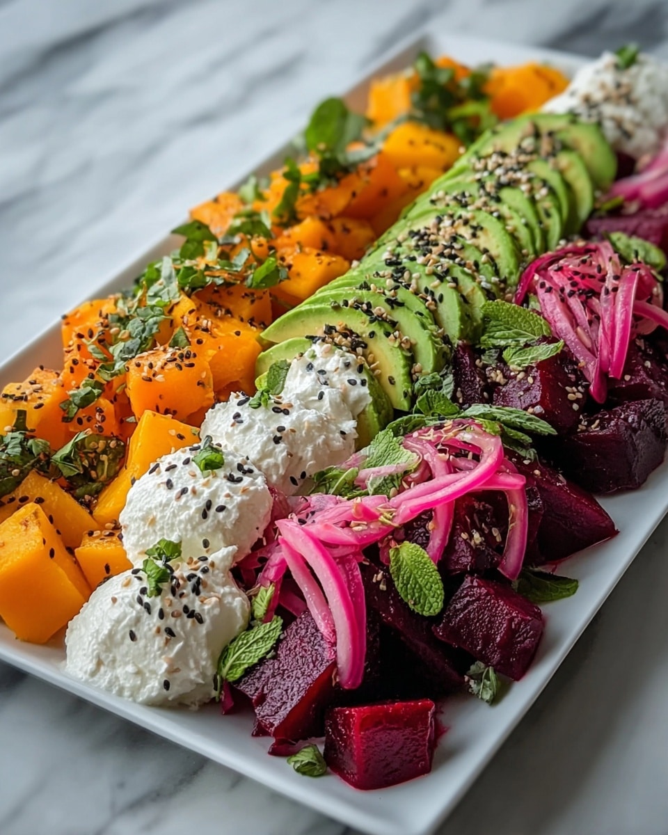 A white rectangular plate holds a colorful layered salad arranged in neat rows. The first layer on the left is bright orange cubes of roasted butternut squash, sprinkled with black sesame seeds. Next to it, there are thick slices of avocado with green leafy herbs on top, followed by dollops of white cottage cheese accented with black sesame seeds and fresh mint leaves. On the right side, deep red beet cubes fill the space, also garnished with sesame seeds and small green mint leaves. Thin rings of pickled red onions are scattered over the salad, adding a pop of purple color. The plate rests on a white marbled surface. photo taken with an iphone --ar 4:5 --v 7
