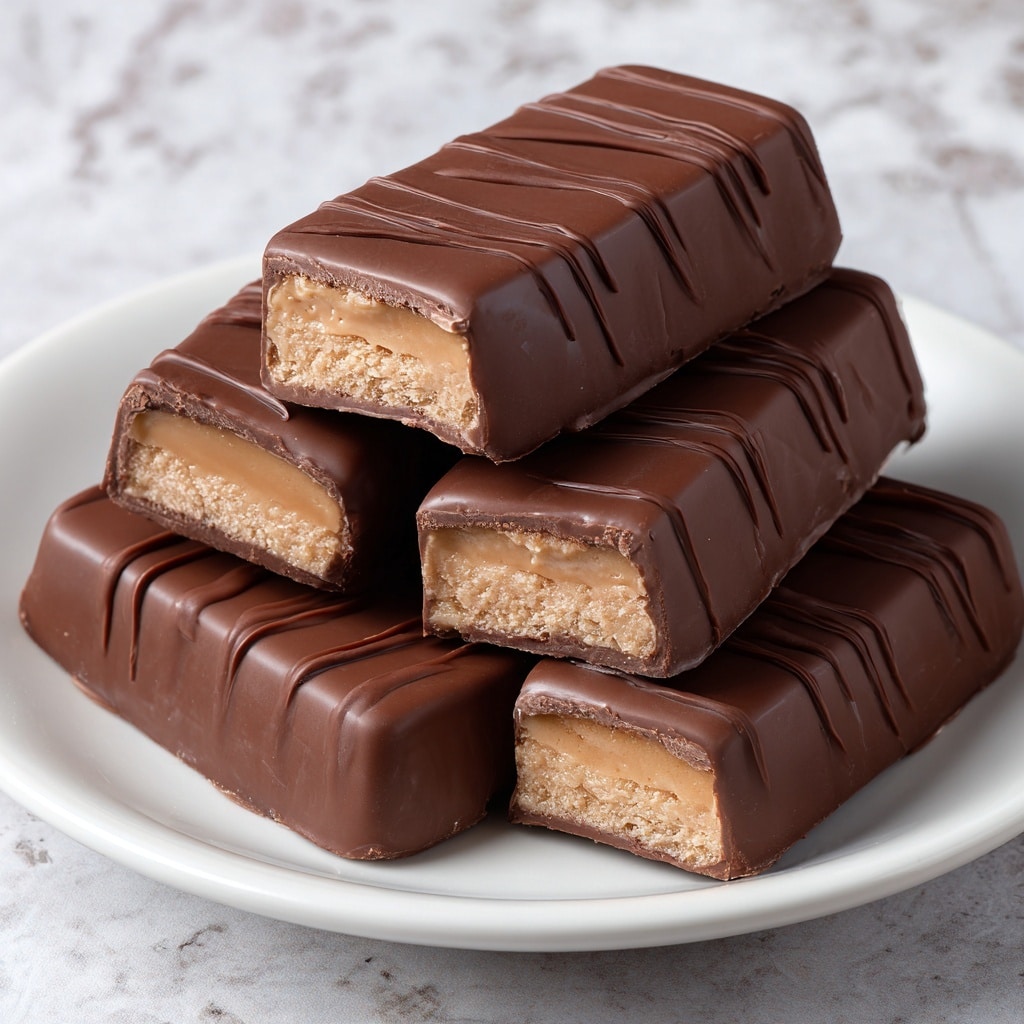 The image shows a white plate stacked with several rectangular chocolate candy bars. The bars have a smooth, shiny outer chocolate layer with a slight zigzag pattern on top, indicating a textured drizzle of chocolate. Inside, visible in two bars cut in half at the front, the candy has a light brown, creamy, and slightly crumbly texture. The bars are neatly arranged with one bar placed horizontally on top of the pile, and all sitting on a white marbled surface. photo taken with an iphone --ar 4:5 --v 7