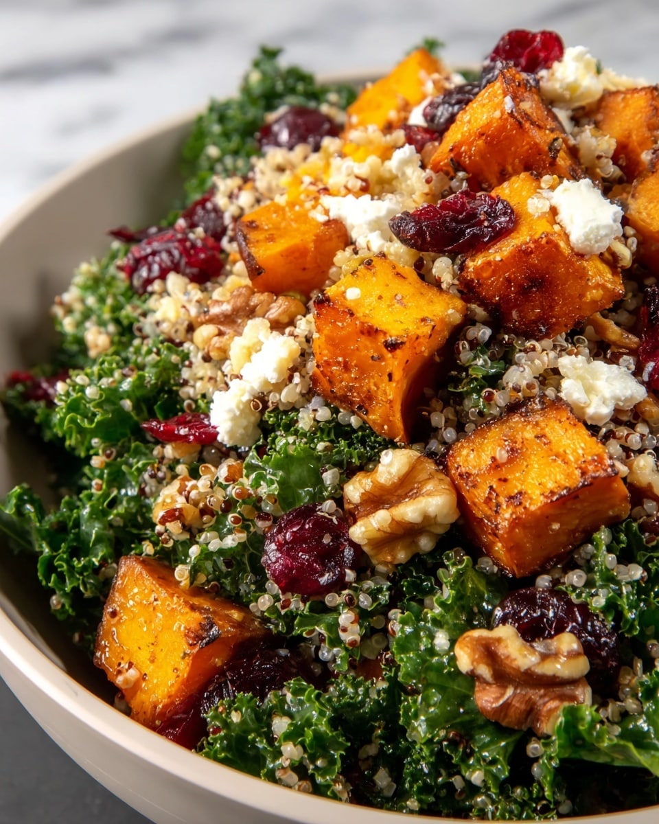 A close-up of a white bowl filled with a colorful salad, showing several layers and textures: the bottom layer has dark green curly kale leaves with a rough texture, mixed with small, round, beige quinoa grains scattered evenly; on top sit golden-brown roasted sweet potato cubes with a slightly crispy, caramelized outside; scattered among these are bright red dried cranberries, creamy white crumbles of cheese, and light brown walnut halves adding crunch; the colors are vibrant and the ingredients mix naturally, giving a fresh and healthy look; the background is a white marbled texture, and the photo is taken with an iphone --ar 4:5 --v 7