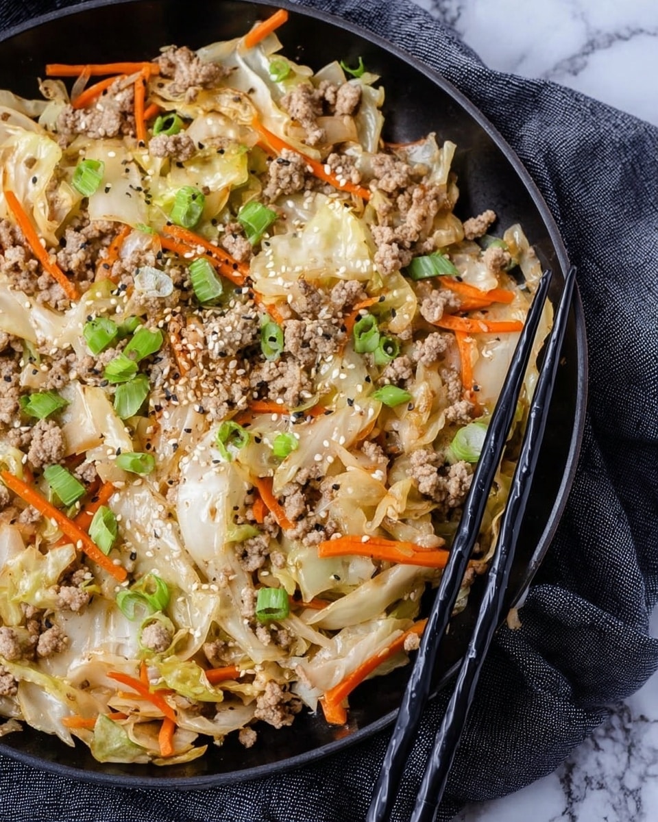 A close-up view of a black frying pan filled with cooked ground meat mixed with lightly sautéed white cabbage pieces and thin orange carrot strips, all sprinkled with chopped green onions and white sesame seeds. The meat is crumbly and beige, while the cabbage is soft with a slight gloss, and the carrots add a bright touch of color. The dish is seasoned with visible black pepper. A pair of black chopsticks rests on the edge of the pan, and the pan is placed on a dark gray cloth with a white marbled surface background. Photo taken with an iphone --ar 4:5 --v 7