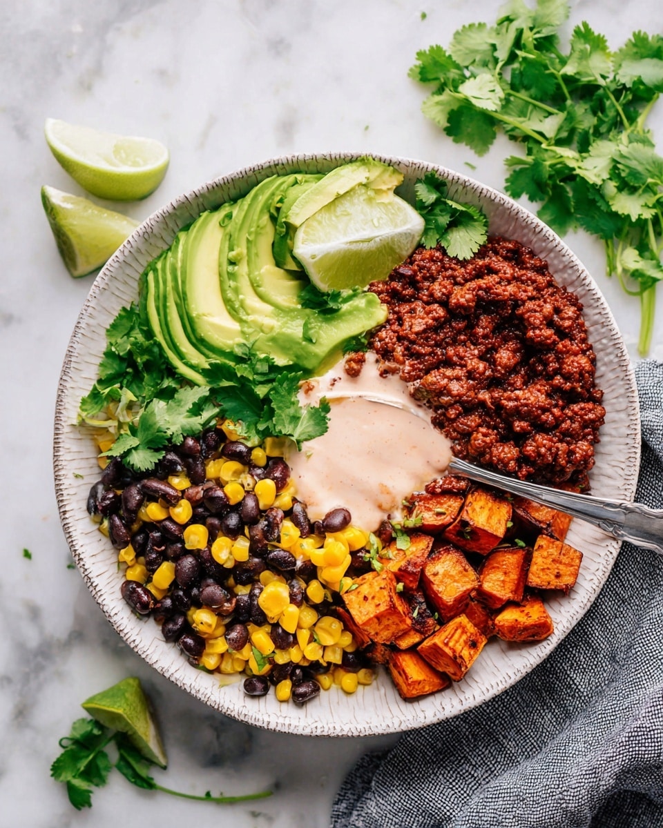 A round white bowl with a textured rim holds a visually divided meal with four main sections. Starting from the top left, bright green sliced avocado fans out in slightly overlapping layers, smooth and creamy in texture. Next to it on the right, a rich, dark reddish-brown ground meat mixture sits with a moist, chunky texture, with a silver spoon resting in it. Below the avocado and beside the meat, there is a pale pink creamy sauce layered smoothly. The bottom half of the bowl contains a mix of black beans and bright yellow corn kernels, scattered evenly with cubes of roasted sweet potato that have a caramelized dark orange color and slightly crispy texture. Garnishing the bowl on the left side are fresh green cilantro leaves and a wedge of lime. The bowl is placed on a white marbled surface, with fresh cilantro sprigs and a gray cloth nearby. Photo taken with an iphone --ar 4:5 --v 7