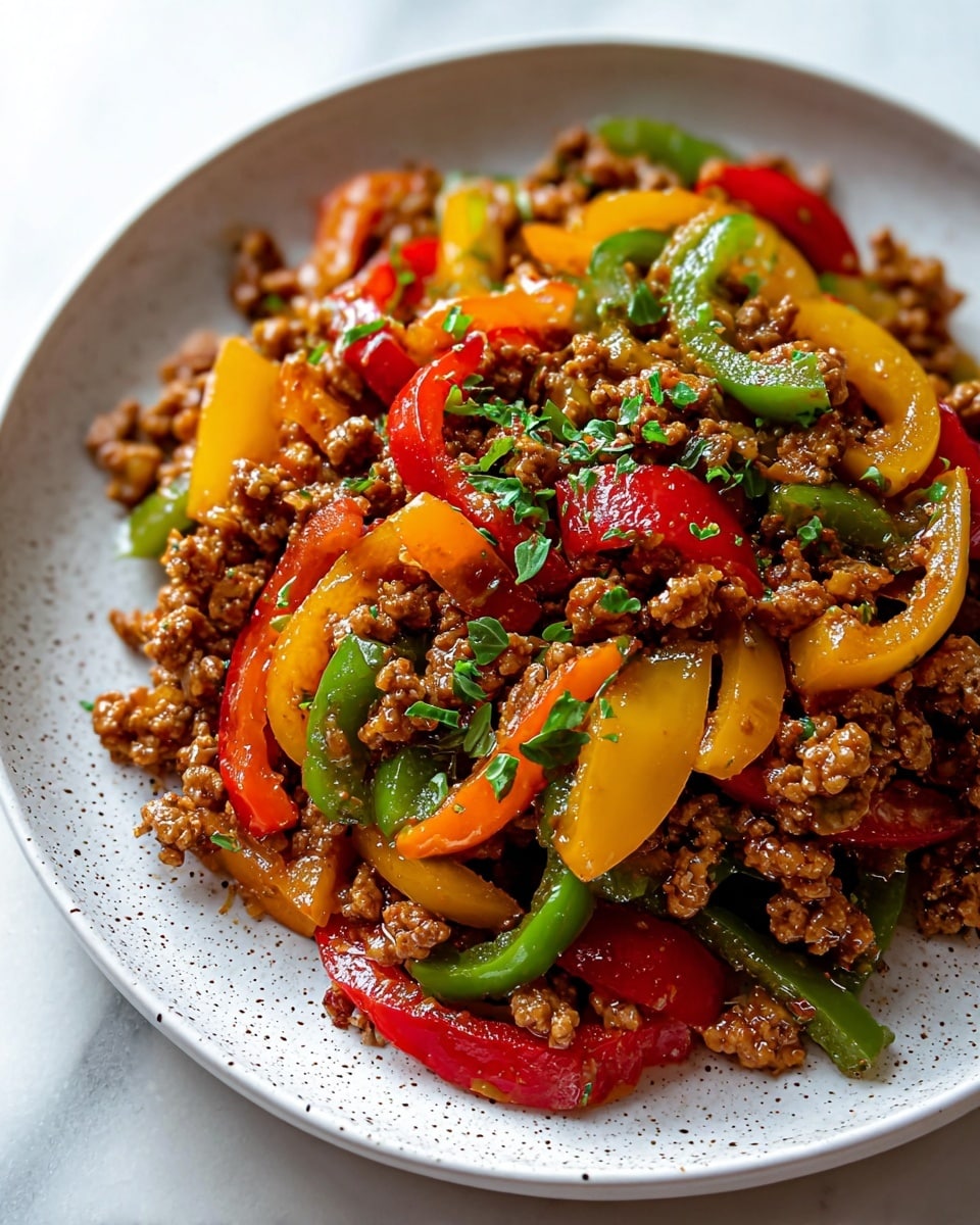 A close-up of a dish on a white speckled plate showing a colorful mix of three layers: the bottom layer has glossy red, yellow, and green bell pepper strips with a juicy texture, the middle layer consists of evenly browned, crumbly ground meat pieces, and the top layer is sprinkled with small, fresh green herb leaves adding a touch of brightness. The dish looks saucy and shiny, placed against a white marbled surface with some blurred green leaves in the background. photo taken with an iphone --ar 4:5 --v 7
