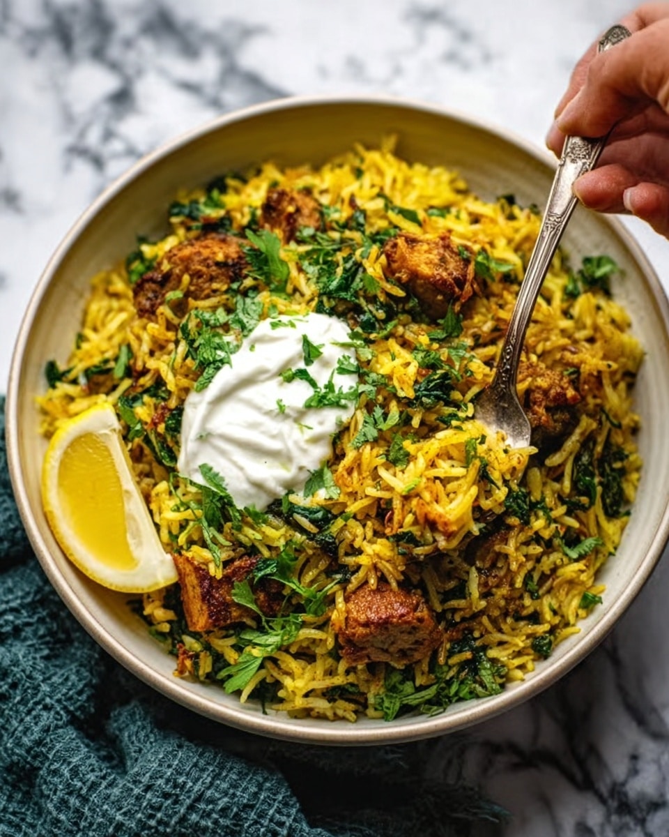 A white bowl contains a vibrant dish of yellow rice mixed with green herbs and pieces of grilled chicken, each piece showing a slightly charred texture. A dollop of white yogurt sits in the center on top of the rice, garnished with scattered fresh green parsley. To the side inside the bowl is a bright yellow lemon wedge. A silver spoon is inserted into the dish, held by a woman's hand. The background is a white marbled texture. photo taken with an iphone --ar 4:5 --v 7