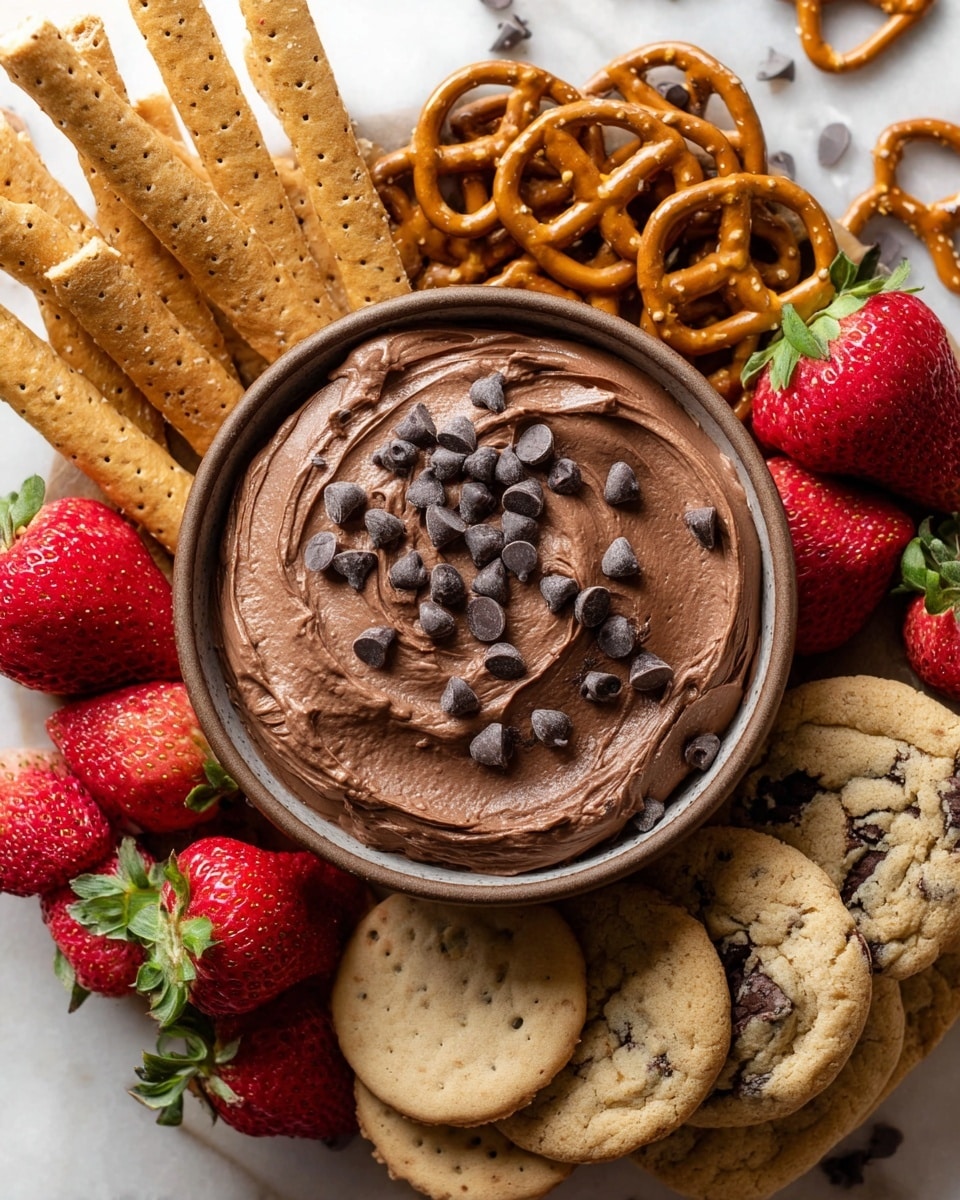 A small white bowl filled to the brim with a thick, smooth, and glossy layer of dark chocolate mousse, swirled on top with an uneven textured surface. Scattered across the mousse are several small, shiny dark chocolate chips. Around the bowl on a white marbled surface, there are fresh whole strawberries with green leaves, halved strawberries showing their red, juicy inside, light brown pretzels, rectangular brown graham crackers, and some loose chocolate chips creating a casual arrangement. Photo taken with an iphone --ar 4:5 --v 7
