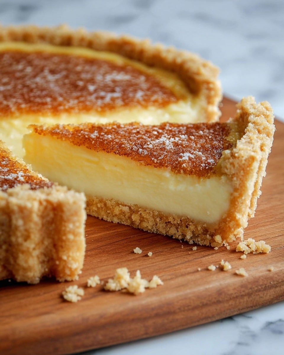 A round tart with three visible layers sits on a wooden board over a white marbled surface. The bottom layer is a light golden, firm crust. The middle layer is a smooth, pale yellow custard, thick and creamy. The top layer is a crumbly, golden-brown baked topping with a slightly textured surface, dusted with a light sprinkle of powdered sugar. A slice is cut out, showing the clean separation of the layers. Photo taken with an iphone --ar 4:5 --v 7