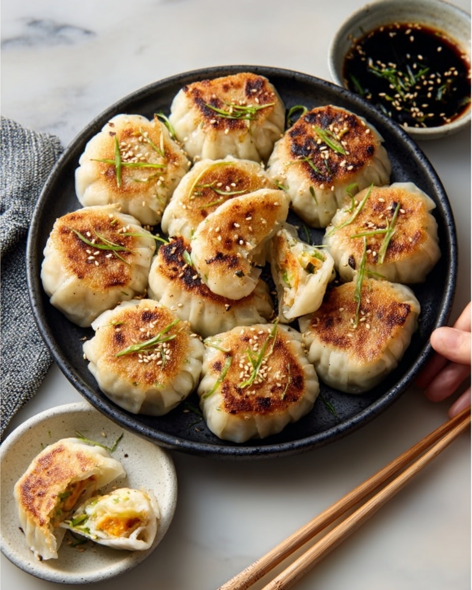 A round black plate holds a ring of eleven golden-brown dumplings, each with a crispy, slightly browned top sprinkled with green chives. The dumplings have a soft, white dough base with some faint folds visible. A small white bowl filled with dark soy sauce sits in the background, accompanied by a gray cloth on a white marbled surface. Nearby, a small white plate with a few dumpling pieces and a pair of light brown chopsticks lie beside it. Photo taken with an iphone --ar 4:5 --v 7