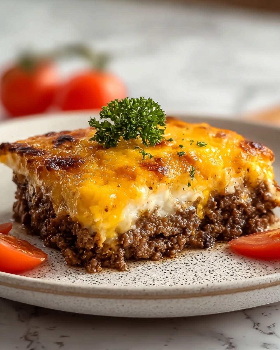 A close-up of a square slice of lasagna on a white plate, sitting on a white marbled surface, shows three main layers: a golden brown melted cheese layer on top with a slightly crispy texture, beneath it a thick rich layer of cooked ground beef with a moist look, and at the bottom a white creamy sauce layer melting slightly. Around the slice, there are halved bright red cherry tomatoes and green rosemary sprigs, with one rosemary sprig placed on top as garnish. The overall look is warm, rich, and inviting. Photo taken with an iphone --ar 4:5 --v 7