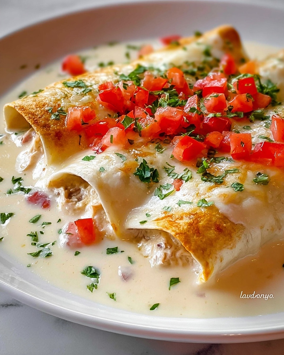 The dish shows two rolled crepes filled with a light mixture, placed side by side on a white plate with a brown rim. The crepes are golden yellow with lightly browned spots. They are covered with a smooth, creamy white sauce that has a slightly thick texture, almost dripping over the edges. On top, there is a fresh garnish made of small diced red tomatoes, chopped green onions, and sprinkled finely chopped fresh green herbs, adding a bright contrast to the white sauce. The background is a white marbled texture. photo taken with an iphone --ar 4:5 --v 7