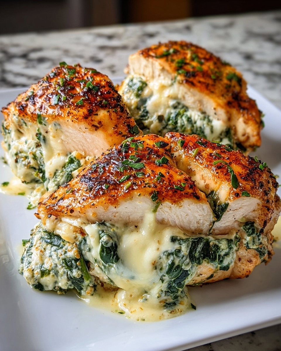 Three pieces of stuffed chicken breasts are arranged on a white square plate placed on a white marbled surface. Each chicken breast is cut open to show two main layers: the outer layer is golden-brown, crispy, and well-seasoned chicken skin, while the inside layer is filled with melted creamy white cheese mixed with green spinach. The cheese and spinach filling is soft, gooey, and spilling out from each chicken piece. The chicken is garnished with tiny green herb bits sprinkled on top. The scene is bright and close-up, showing the textures of crispy chicken skin and creamy cheese filling clearly. photo taken with an iphone --ar 4:5 --v 7