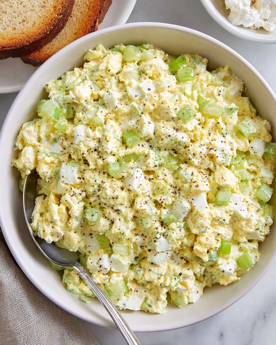 A large pale yellow bowl filled with a creamy mixture of finely chopped boiled eggs, pale green celery pieces, and white cottage cheese, sprinkled lightly with black pepper on top; a silver spoon rests inside the bowl on the left side. To the left of the bowl, there are two slices of toasted brown bread on a white plate with a scalloped edge. At the top right, a halved boiled egg with a bright yellow yolk is placed next to a white bowl filled with more white cottage cheese. The whole scene is set on a white marbled textured surface with a light gray and white striped cloth partially visible in the bottom left corner. photo taken with an iphone --ar 4:5 --v 7
