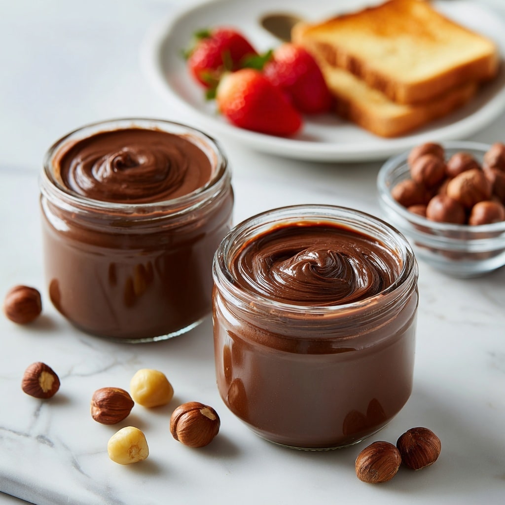 A clear glass jar filled with smooth, glossy chocolate hazelnut spread, swirled slightly on top to show its creamy texture, placed on a white marbled surface. Nearby, a second jar is partially visible, also containing the same rich chocolate spread. Around the jars, there are a few whole hazelnuts in light brown shells, some without shells showing their pale, round shape. A white bowl filled with hazelnuts is partly seen in the background. The light highlights the shiny surface of the spread and the natural colors of the nuts. photo taken with an iphone --ar 4:5 --v 7